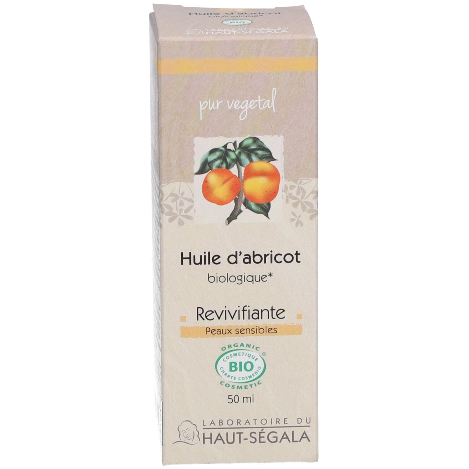 Karton mit Aprikosenöl. Aufschrift: Huile d'abricot biologique, Revivifiante, Peaux sensibles. 50 ml.