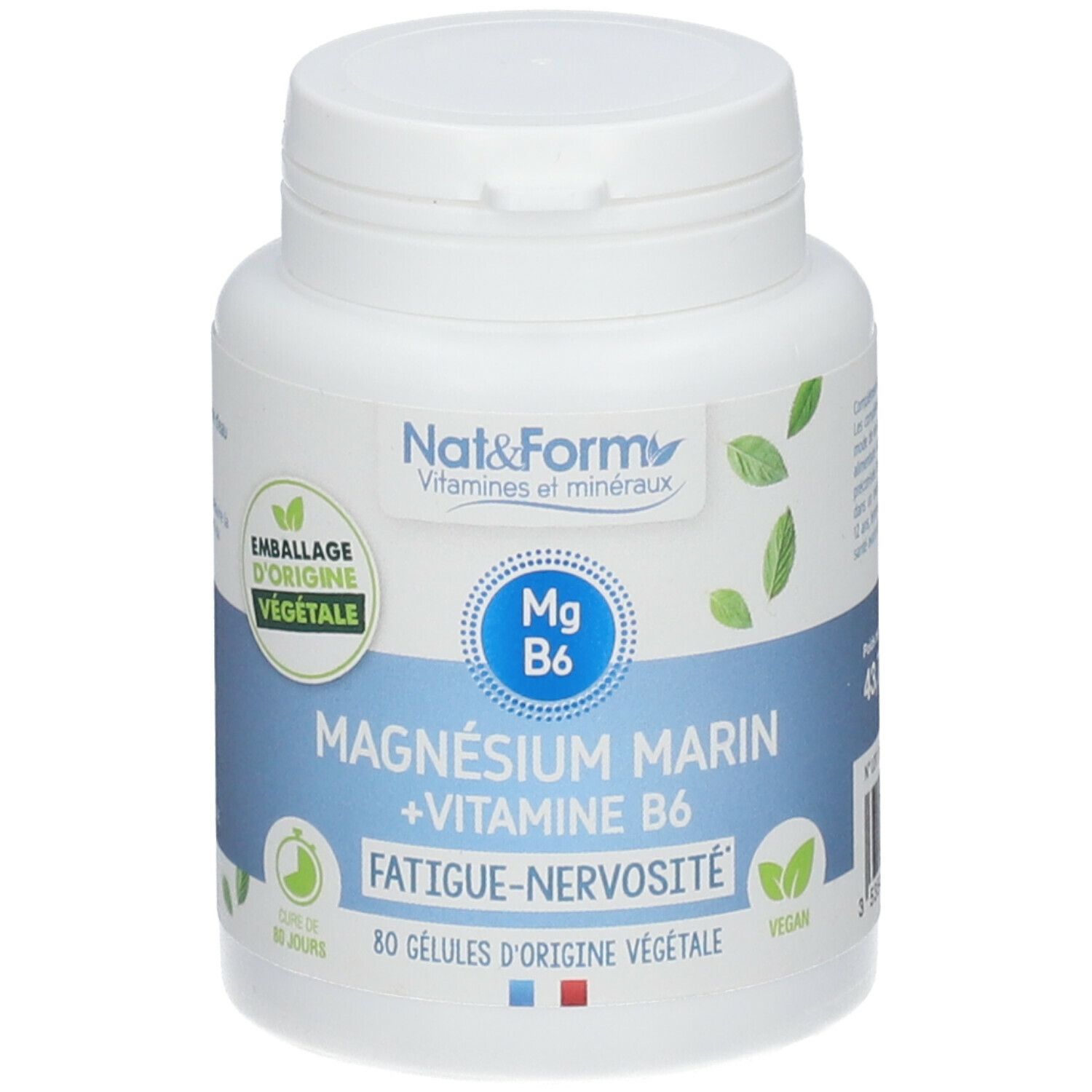 Weiße Flasche mit blau-weißem Etikett. Text: Nat&Form, Magnesium Marin + Vitamine B6, 80 Kapseln. Vegan.