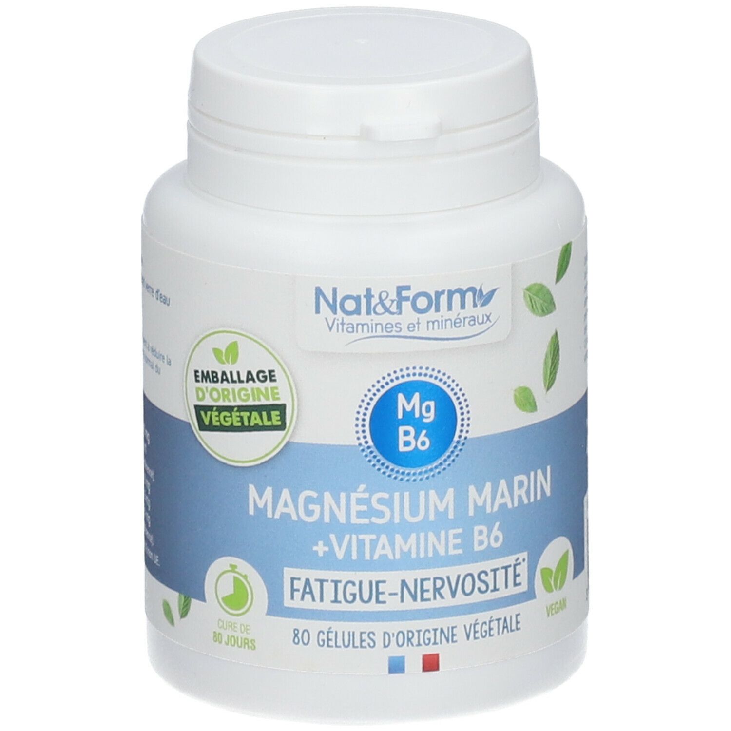 Weiße Flasche mit blau-weißem Etikett. Text: Nat&Form, Magnesium Marin + Vitamine B6, 80 Kapseln. Vegan.