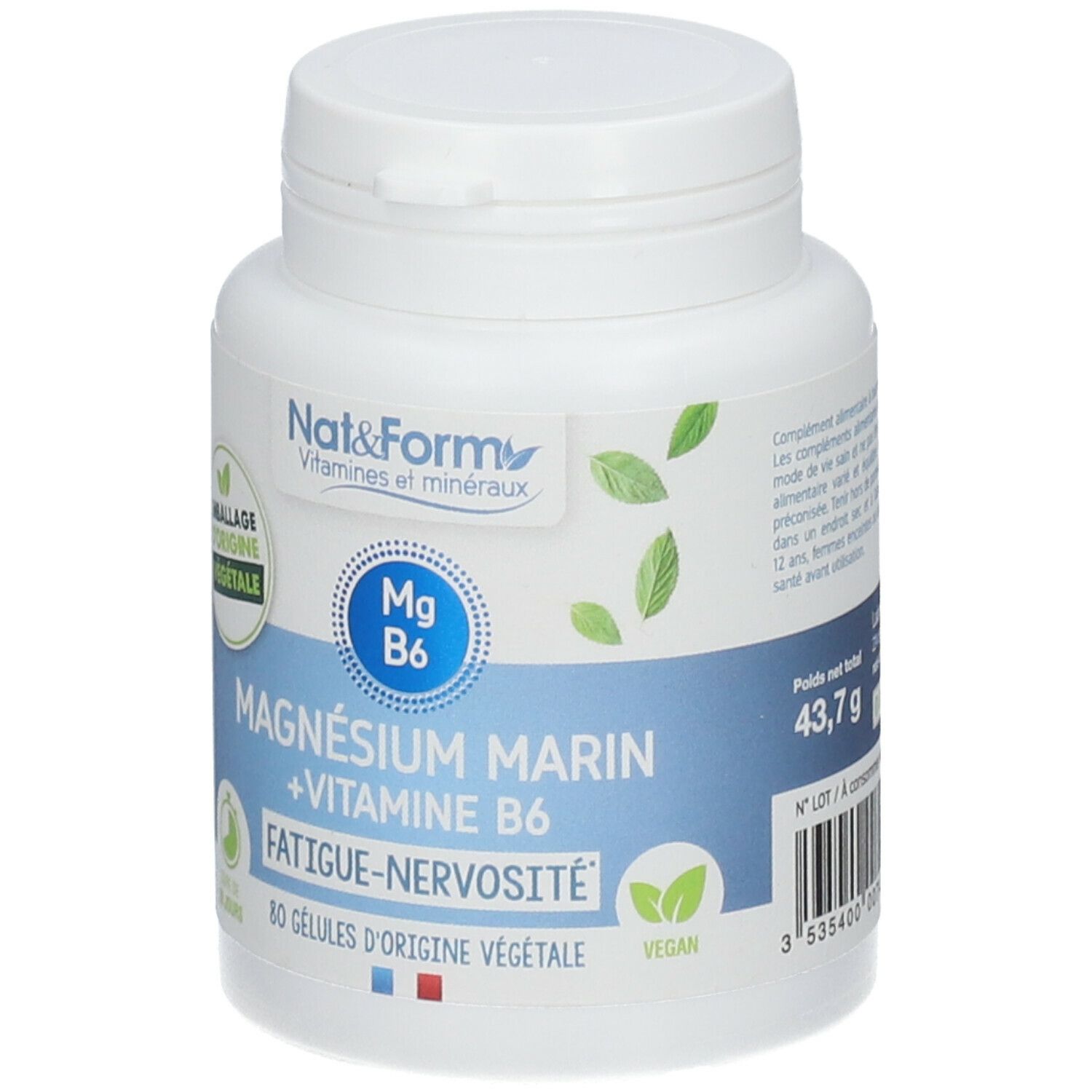 Weiße Flasche mit blau-weißem Etikett. Text: Nat&Form, Magnesium Marin + Vitamine B6, 60 Kapseln. Vegan. Gewicht: 43,7 g.