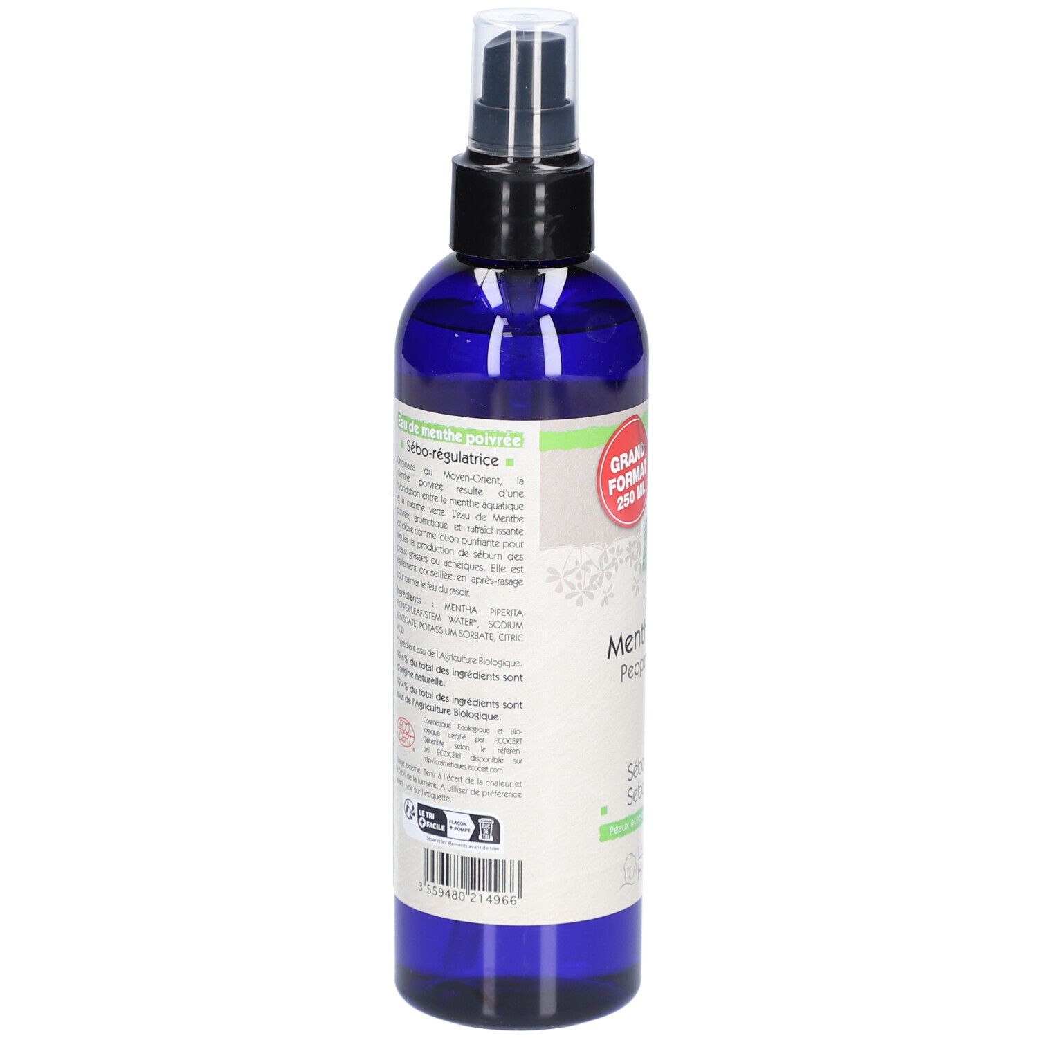 Rückseite der blauen Flasche. Etikett mit Text und Zertifizierungen. Marke: Laboratoire du Haut-Ségala. Grand Format 250 ml.