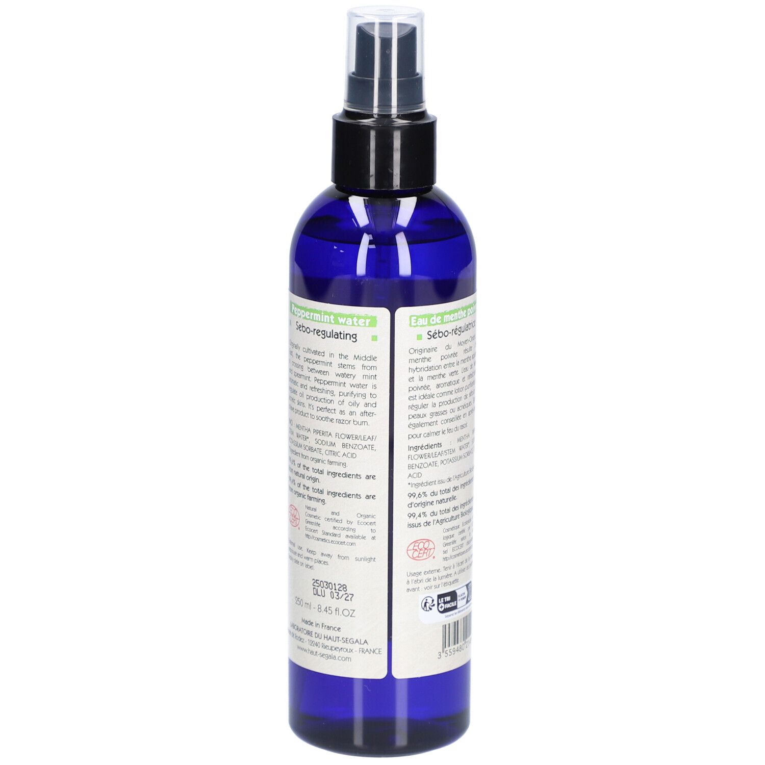 Rückseite der blauen Flasche. Etikett mit Text und Zertifizierungen. Marke: Laboratoire du Haut-Ségala. Grand Format 250 ml.