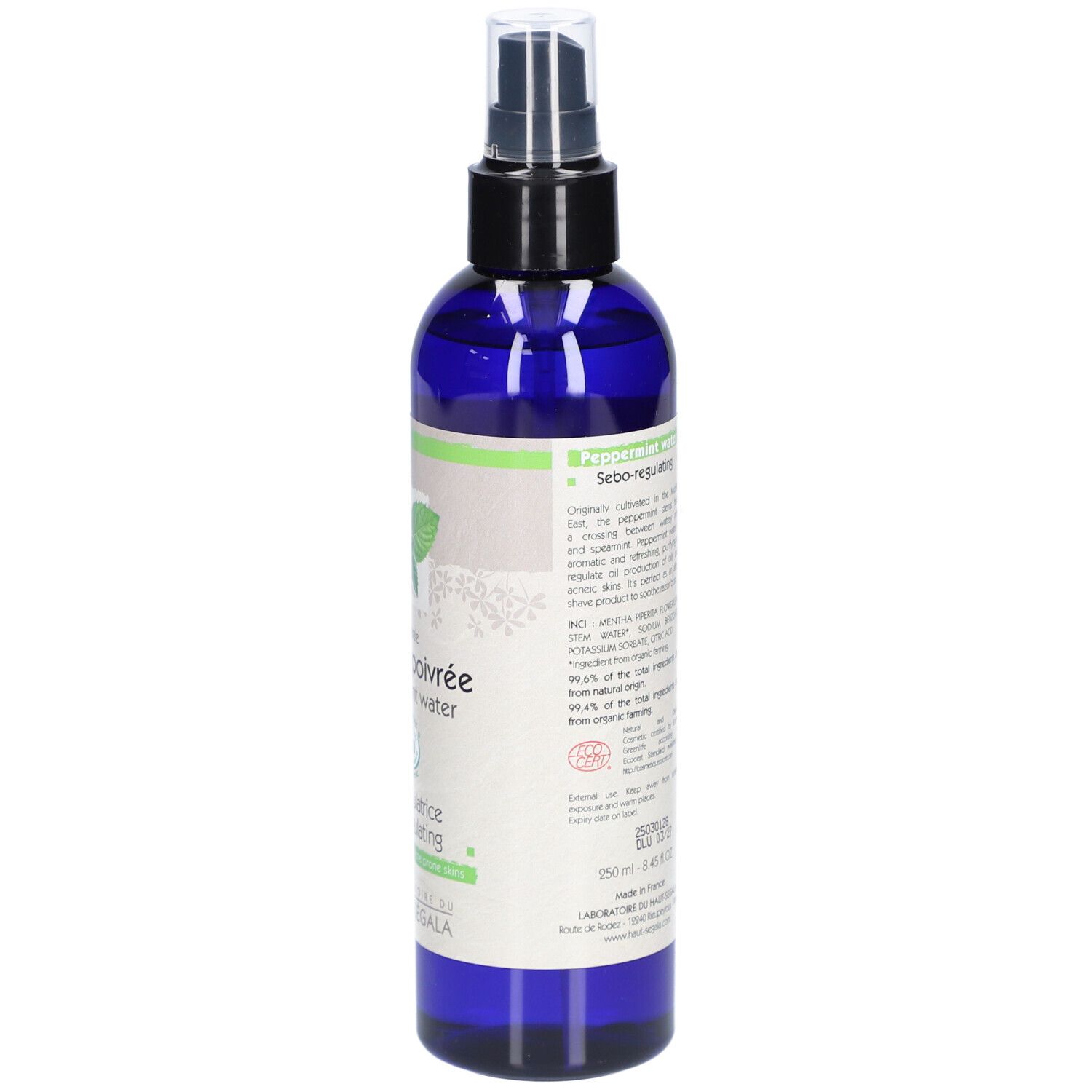 Rückseite der blauen Flasche. Etikett mit Text und Zertifizierungen. Marke: Laboratoire du Haut-Ségala. Grand Format 250 ml.