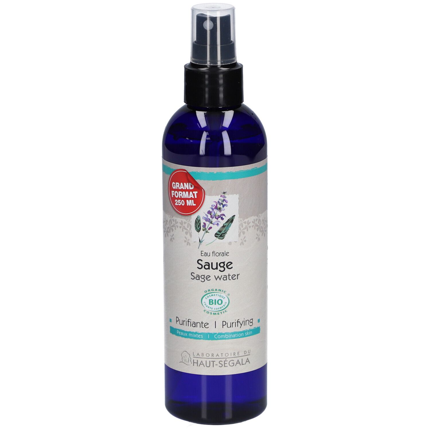 Blau-transparente Flasche mit schwarzem Sprühkopf. Etikett mit Produktnamen, Bio-Siegel und rotem Aufkleber.