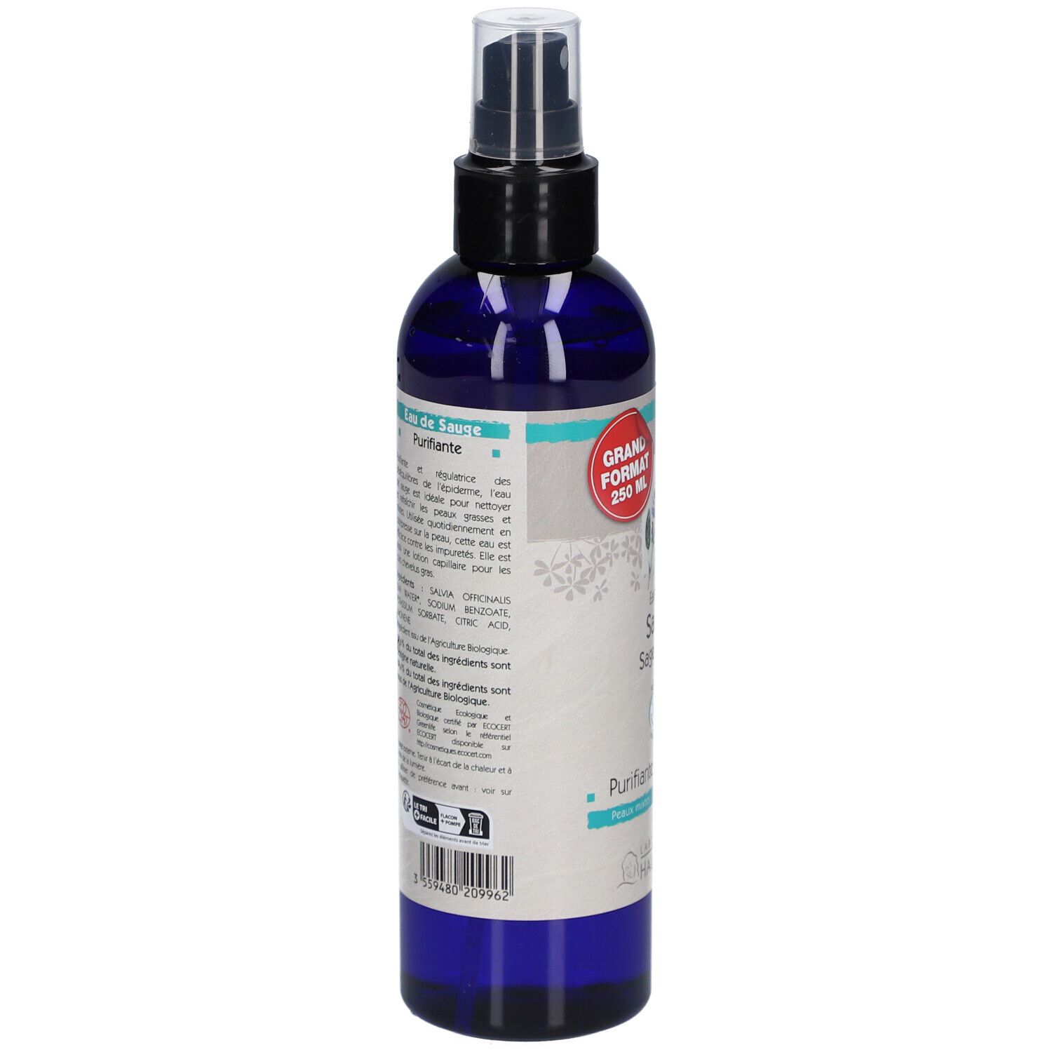 Rückansicht der Flasche. Etikett mit Produktinformationen, Inhaltsstoffen und Bio-Siegel.