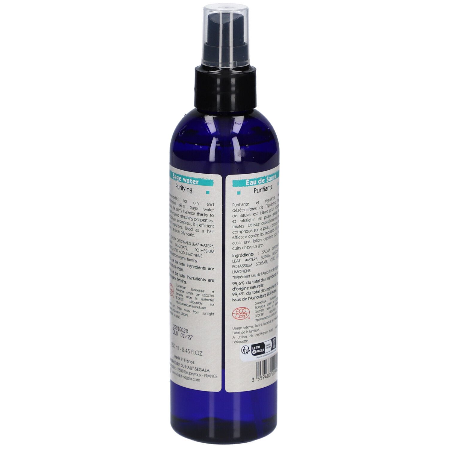 Rückansicht der Flasche. Etikett mit Produktinformationen, Inhaltsstoffen und Bio-Siegel.