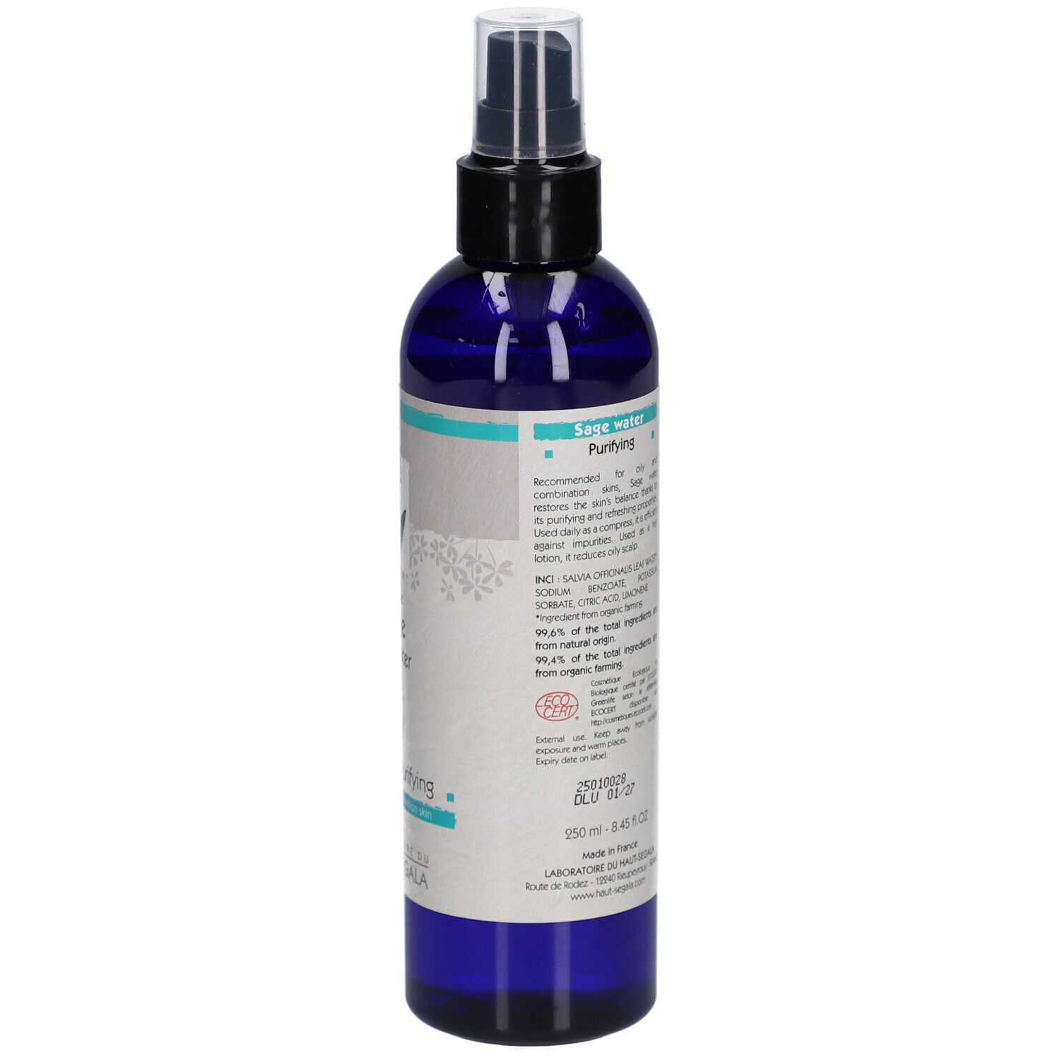 Rückansicht der Flasche. Etikett mit Produktinformationen, Inhaltsstoffen und Bio-Siegel.