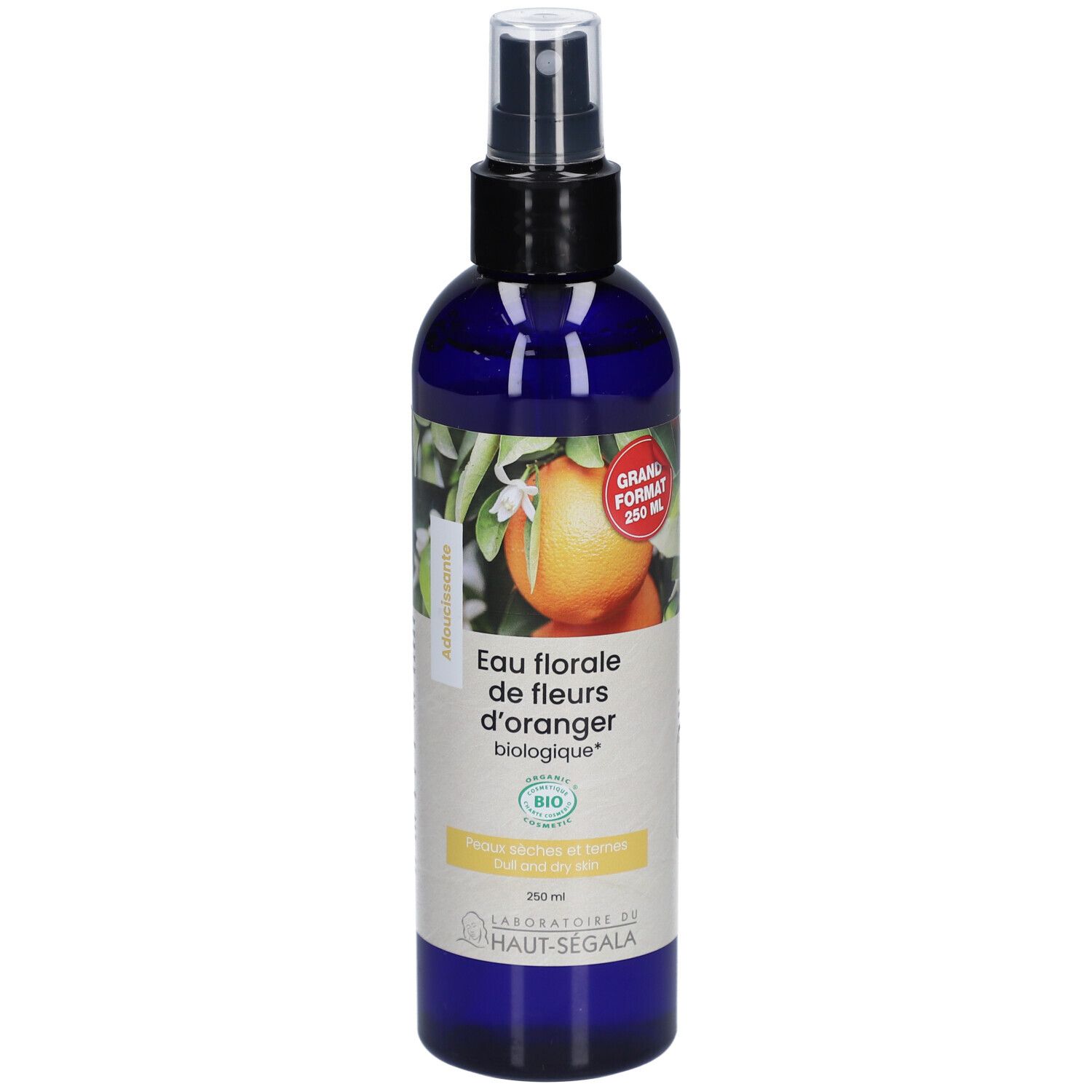 Flacon bleu avec vaporisateur. Étiquette avec illustration de fleurs d'oranger et texte: Eau florale de fleurs d'oranger biologique. Grand format 250 ml.