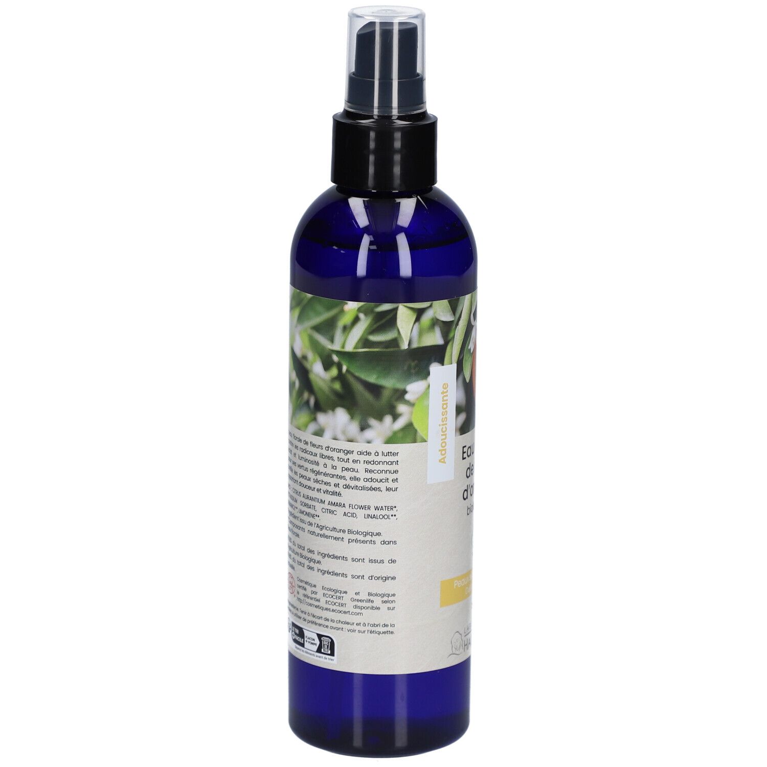 Dos du flacon bleu avec texte et liste des ingrédients. Étiquette avec texte: Eau florale de fleurs d'oranger biologique. Certification bio.