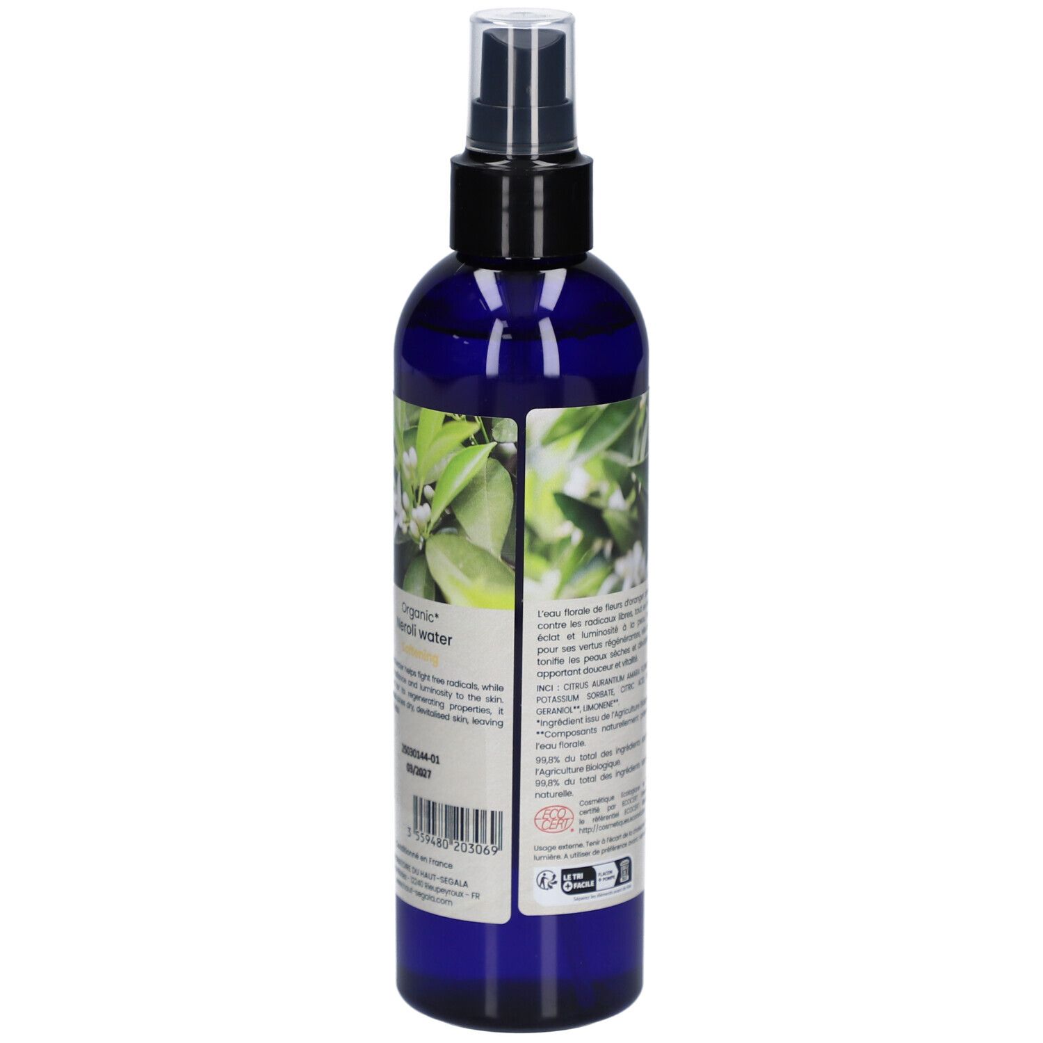 Dos du flacon bleu avec texte et liste des ingrédients. Étiquette avec texte: Organic Neroli water. Certification bio.