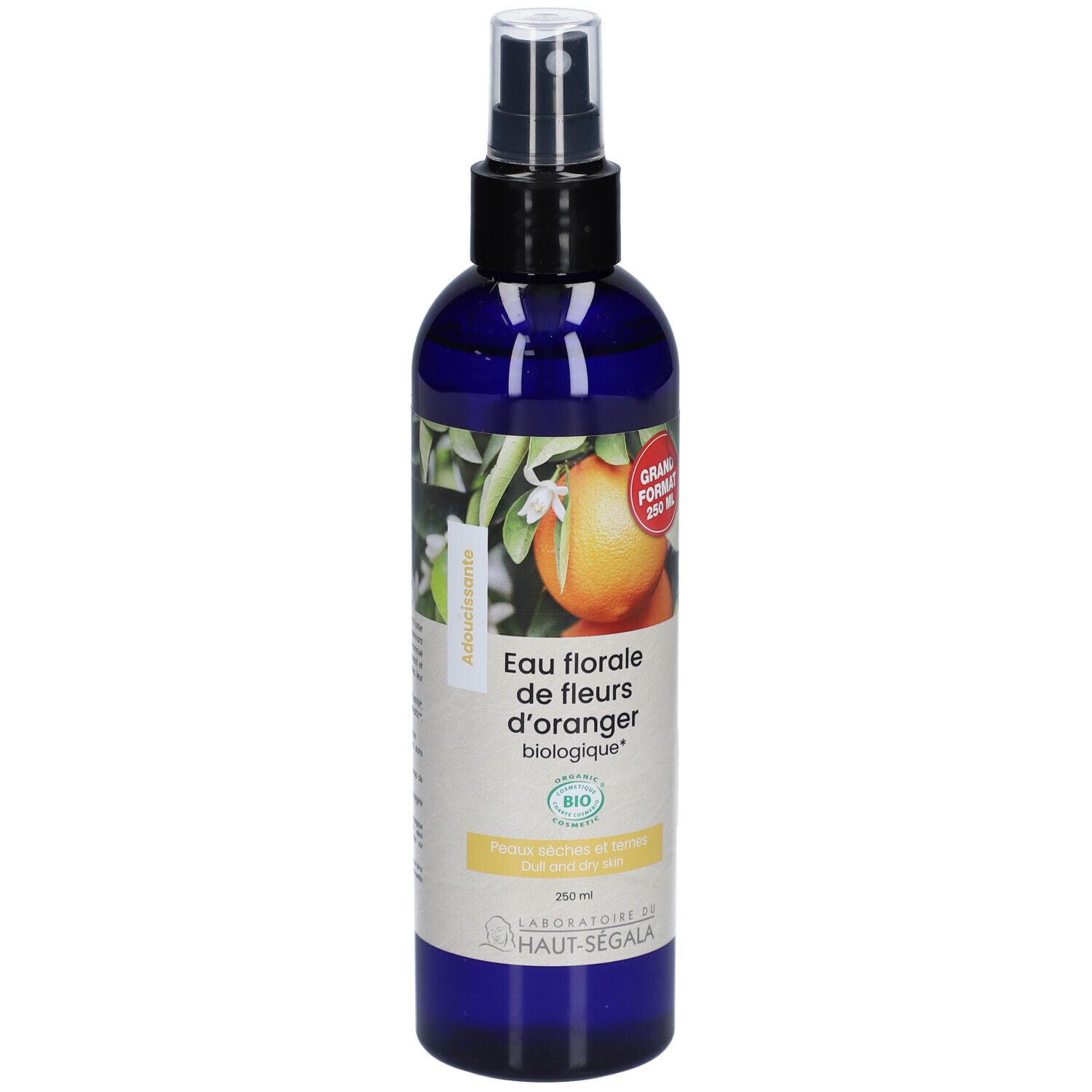 Flacon bleu avec vaporisateur. Étiquette avec illustration de fleurs d'oranger et texte: Eau florale de fleurs d'oranger biologique. Grand format 250 ml.
