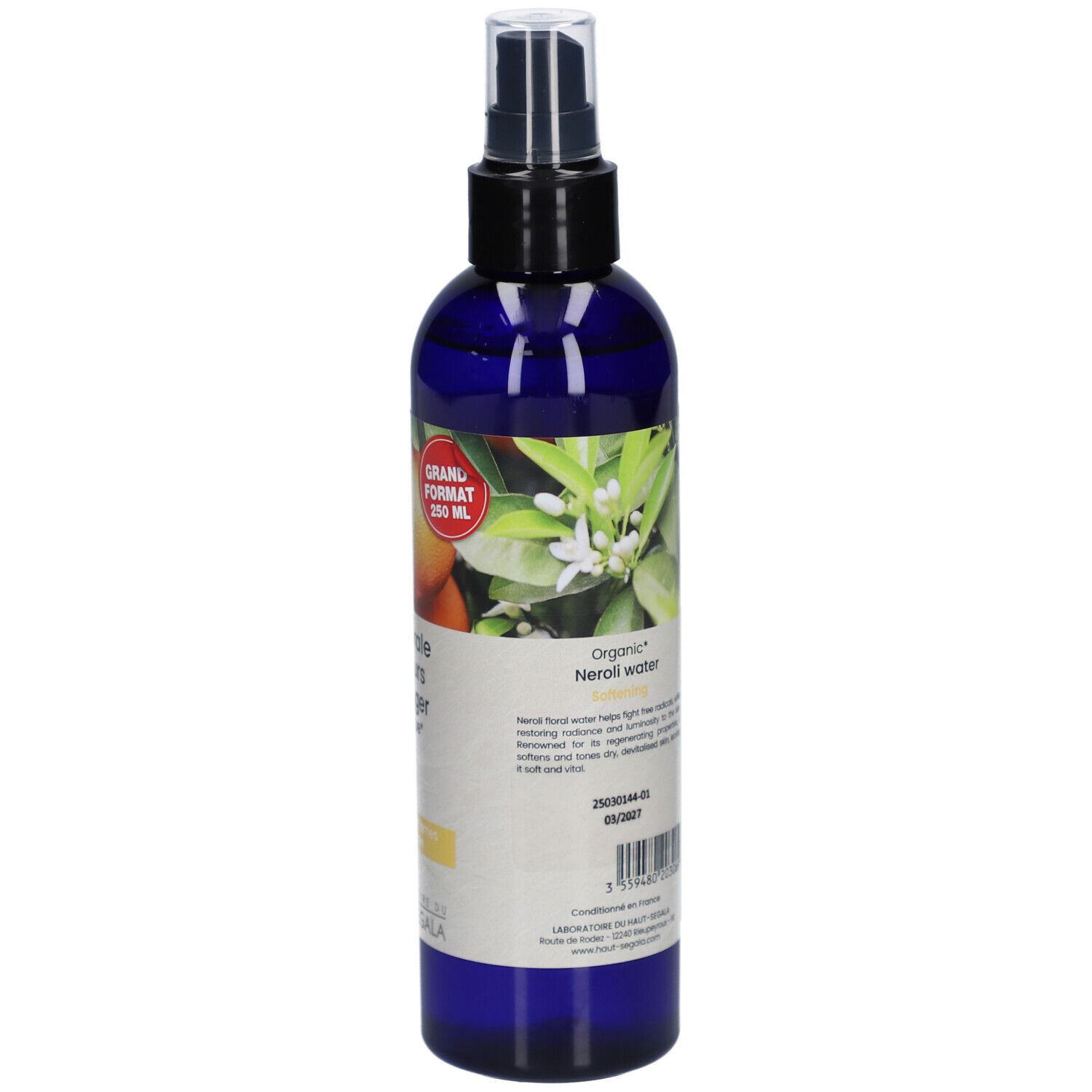 Dos du flacon bleu avec texte et liste des ingrédients. Étiquette avec texte: Organic Neroli water. Grand format 250 ml.