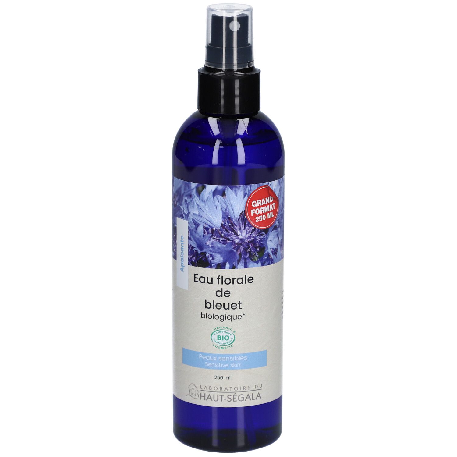 Blau-violette Sprühflasche. Aufschrift: Eau florale de bleuet biologique. Bio-Zertifizierung. Großes Format. Laboratoire du Haut-Ségala.