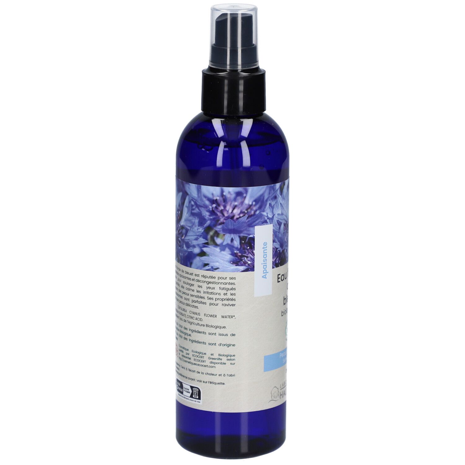 Blau-violette Sprühflasche. Rückseite mit Text. Bio-Zertifizierung. Laboratoire du Haut-Ségala. Text in Französisch.