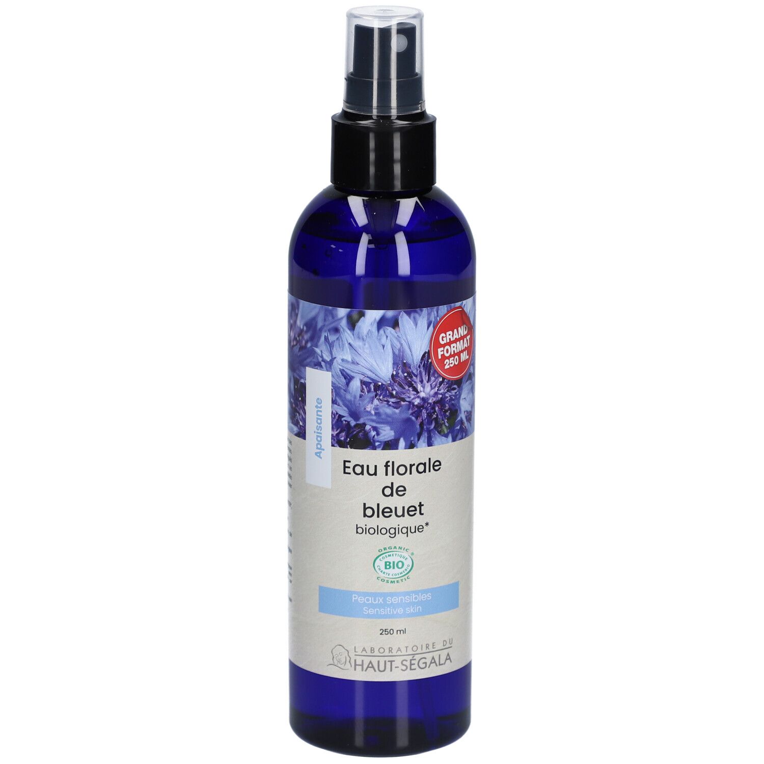 Blau-violette Sprühflasche. Aufschrift: Eau florale de bleuet biologique. Bio-Zertifizierung. Großes Format. Laboratoire du Haut-Ségala.