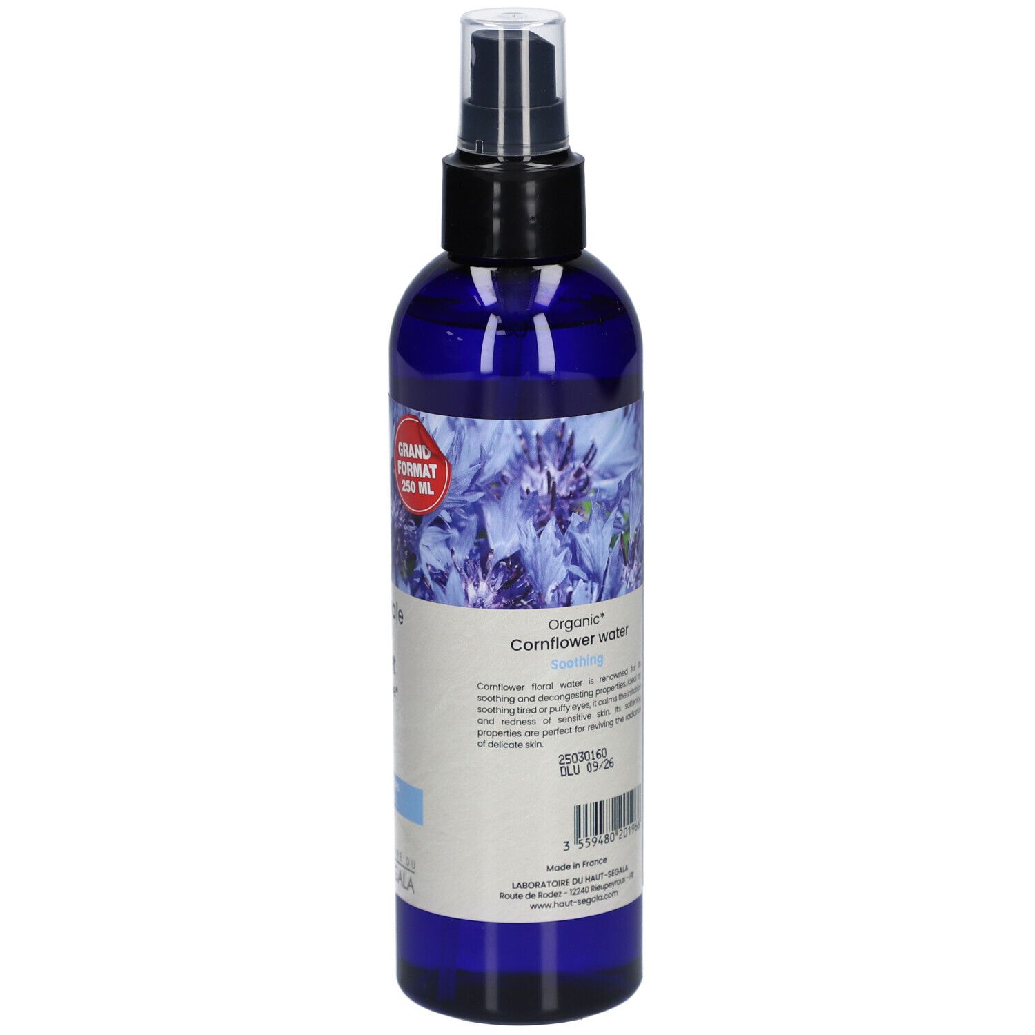 Blau-violette Sprühflasche. Rückseite mit Text. Bio-Zertifizierung. Laboratoire du Haut-Ségala. Text in Englisch.