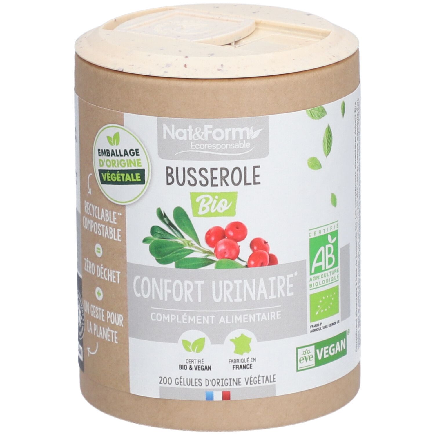 Boîte cylindrique avec étiquette. Inscription: Busserole Bio, Confort Urinaire, 200 gélules. Vegan, label AB.