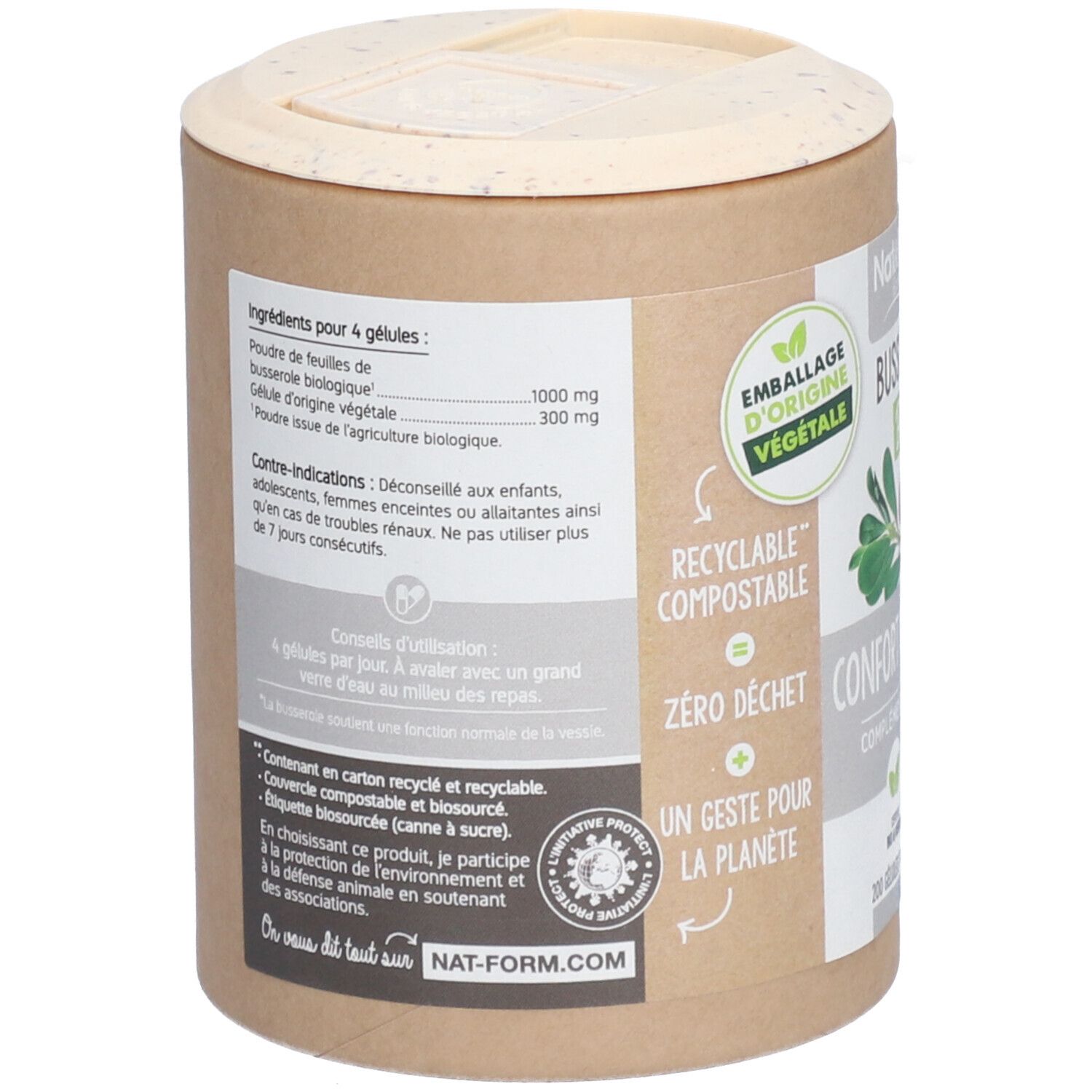 Dos de la boîte. Liste des ingrédients, conseils d'utilisation, avertissements. Texte: 'Emballage d'origine végétale', 'Recyclable, compostable'.