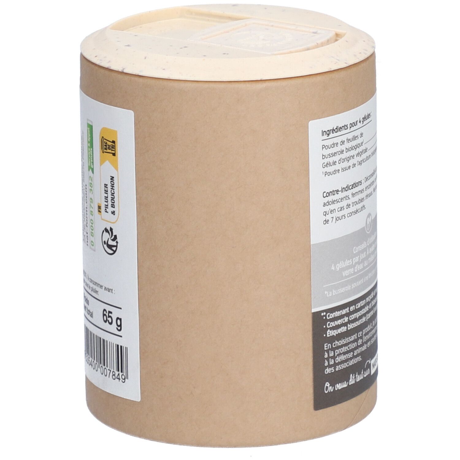 Boîte, vue latérale. Inscription: 65 g. Texte: 'Emballage d'origine végétale', 'Recyclable, compostable'.