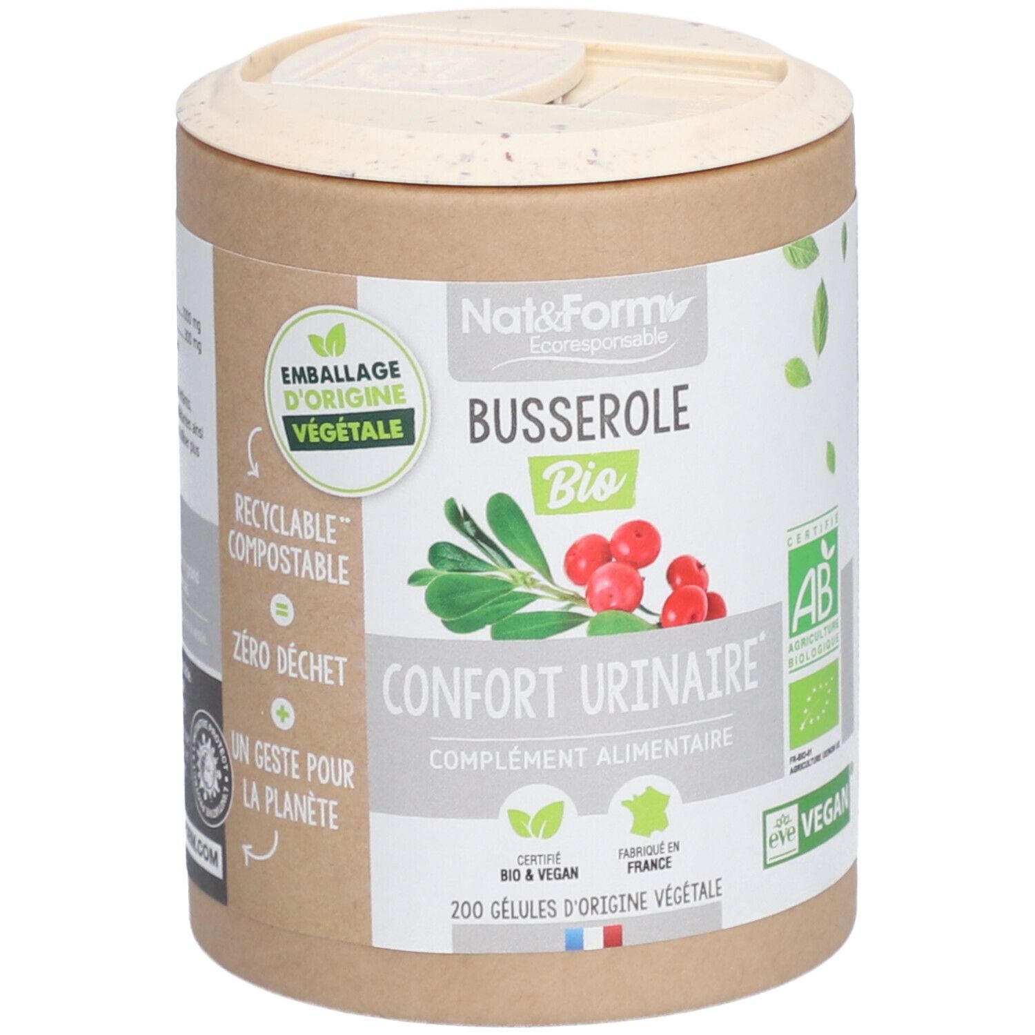 Boîte cylindrique avec étiquette. Inscription: Busserole Bio, Confort Urinaire, 200 gélules. Vegan, label AB.