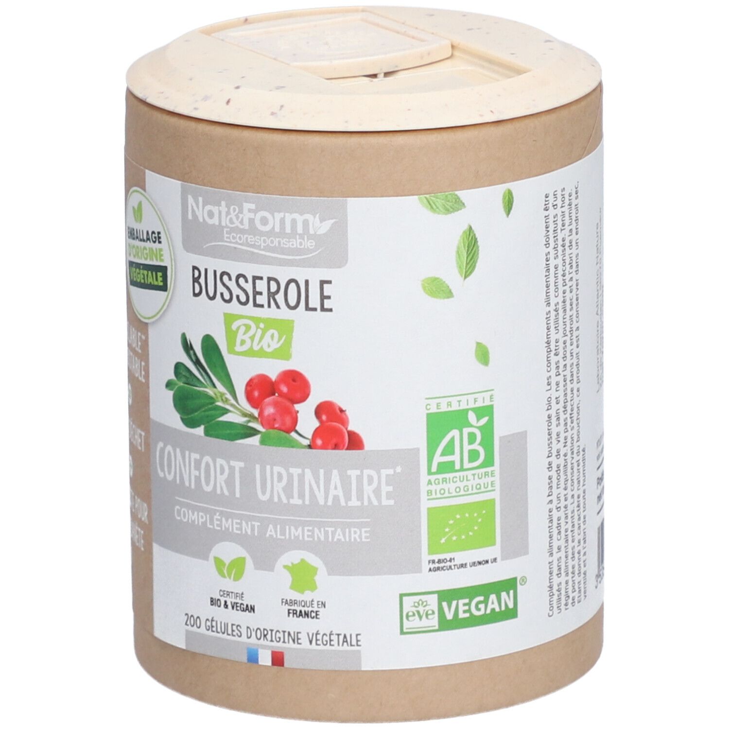Boîte cylindrique avec étiquette. Inscription: Busserole Bio, Confort Urinaire, 200 gélules. Vegan, label AB.