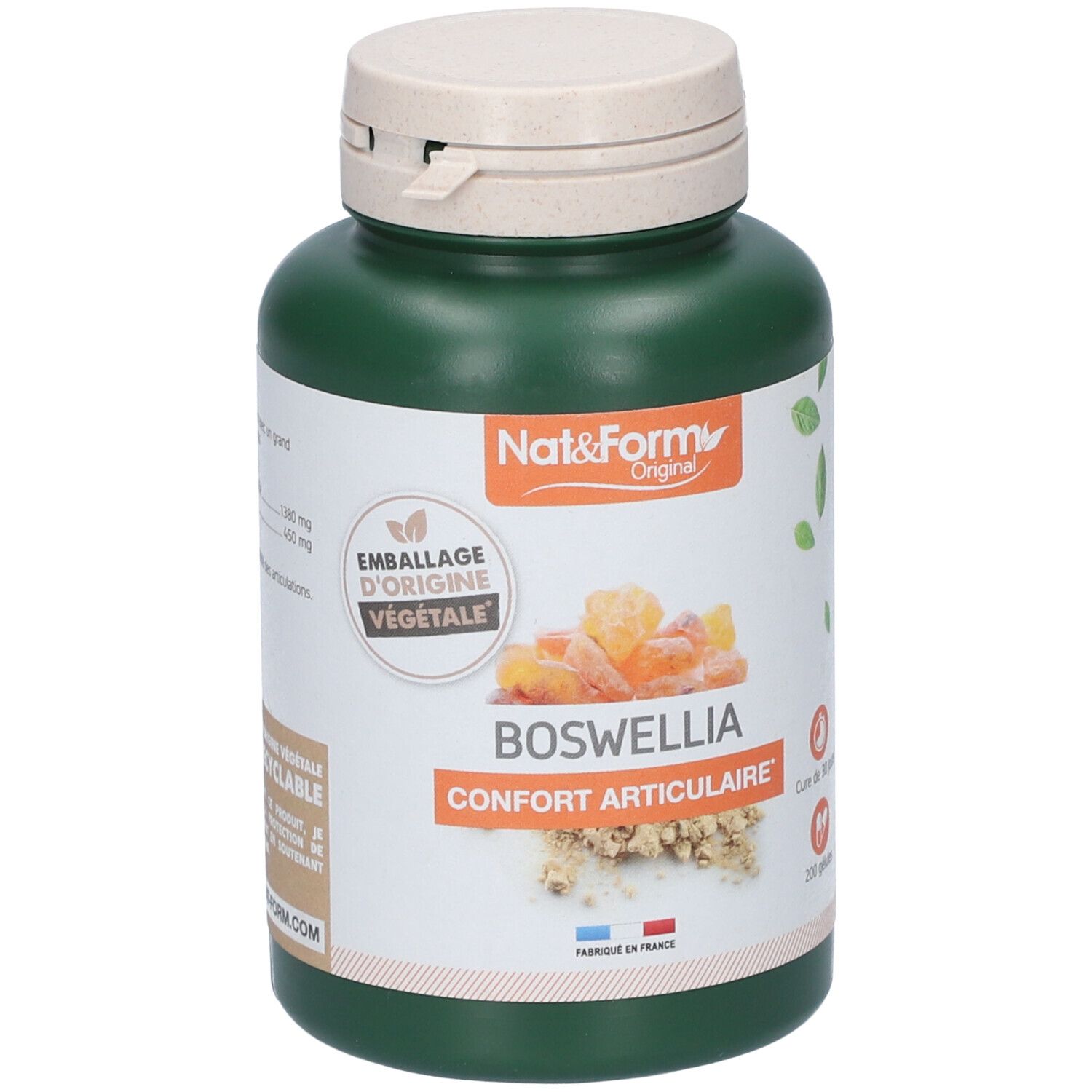 Flacon vert avec bouchon blanc. Étiquette avec nom BOSWELLIA et informations. Drapeau français.