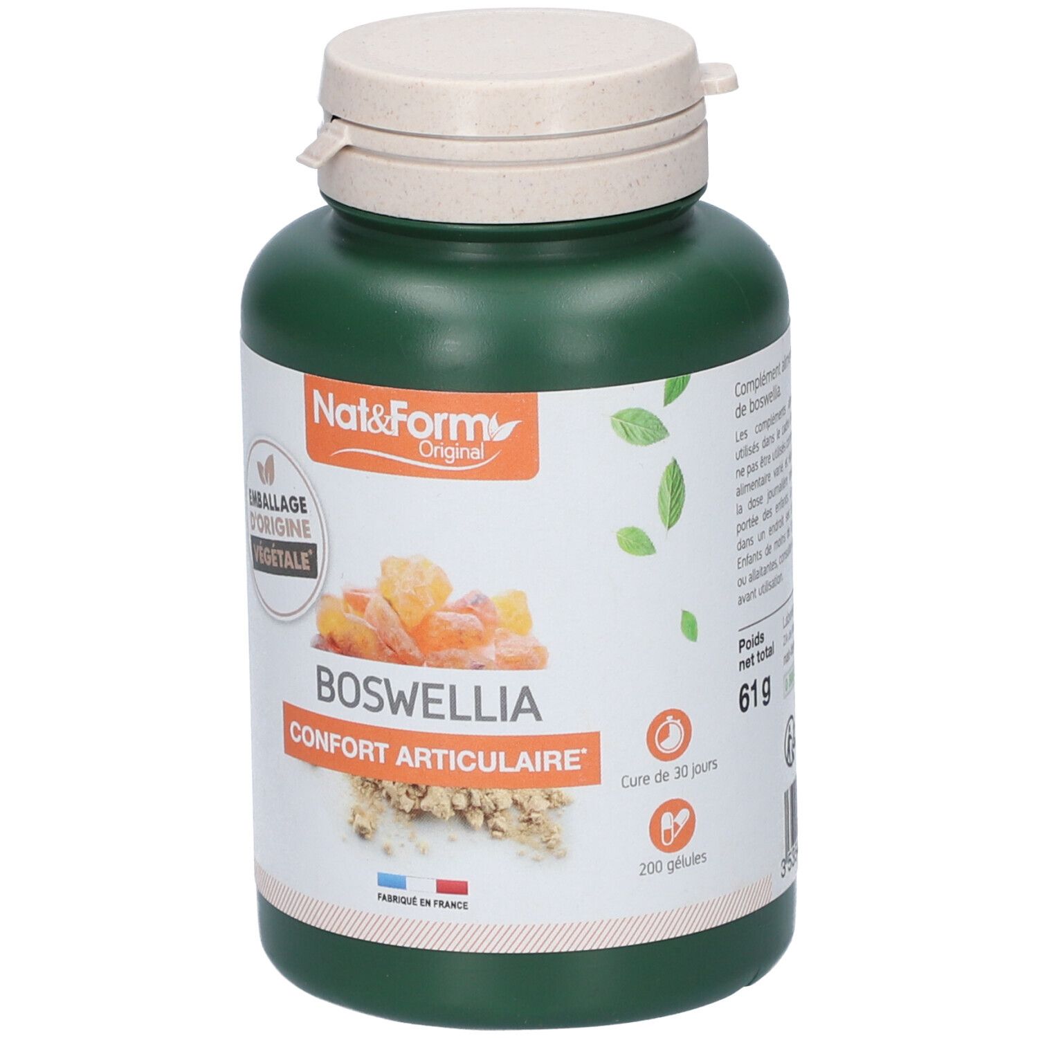 Flacon vert avec bouchon blanc. Étiquette avec nom BOSWELLIA et informations. 200 gélules.