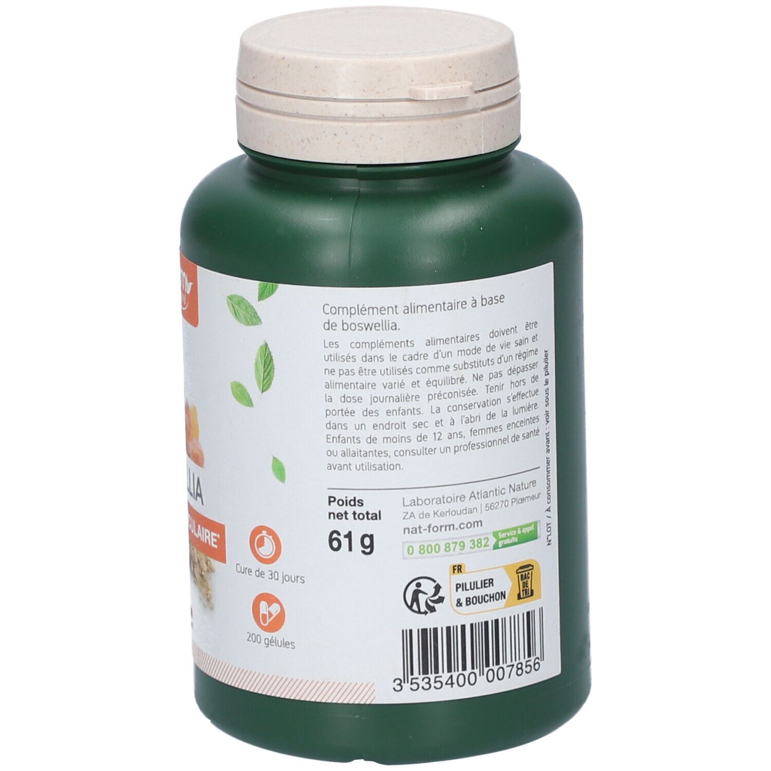 Dos d'un flacon vert avec bouchon blanc. Étiquette avec informations et texte. Poids net 61g.