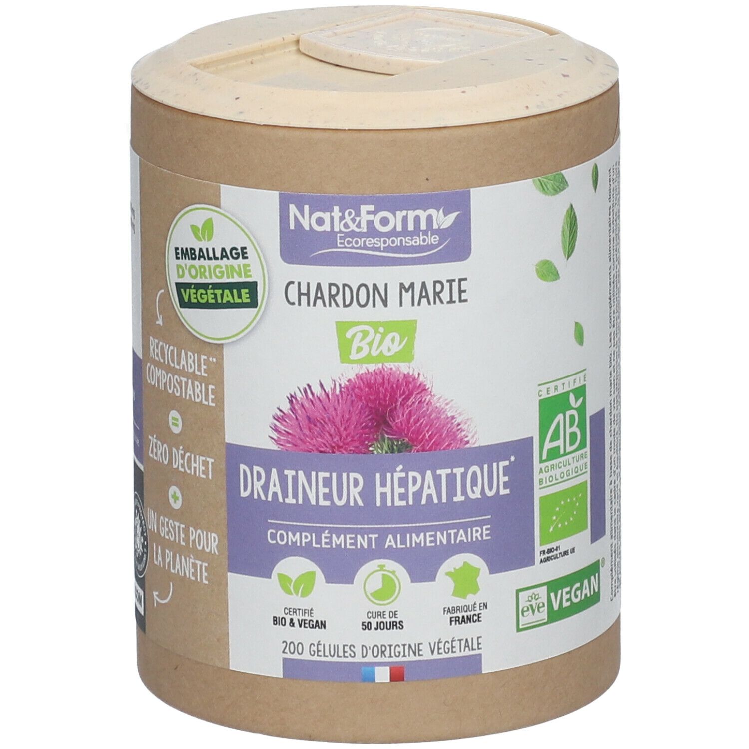 Boîte cylindrique avec couvercle. Inscription: Nat&Form, Chardon Marie Bio, Drainer Hépatique, complément alimentaire. Certifications: AB, Vegan.