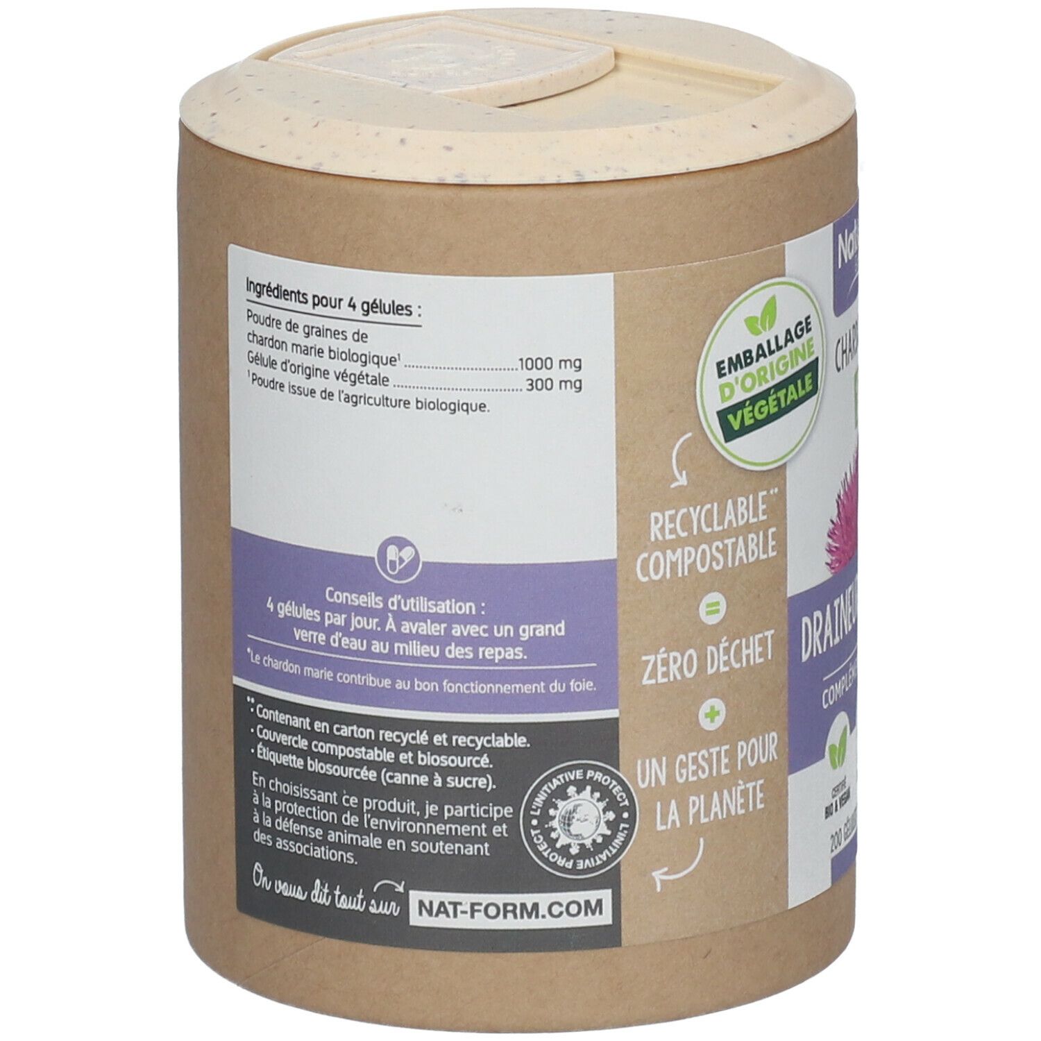Dos de la boîte. Liste des ingrédients, conseils d'utilisation. Texte: 'Contenant en carton recyclé et recyclable'. Certification: Initiative Protection.