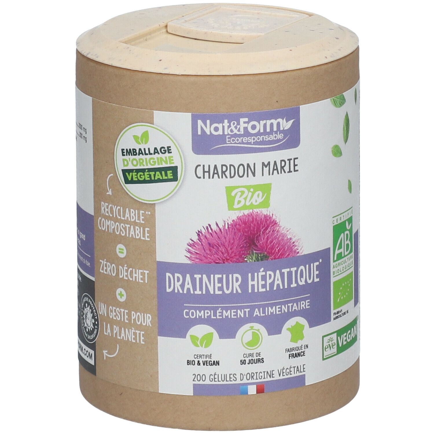 Boîte cylindrique avec couvercle. Inscription: Nat&Form, Chardon Marie Bio, Drainer Hépatique, complément alimentaire. Certifications: AB, Vegan.