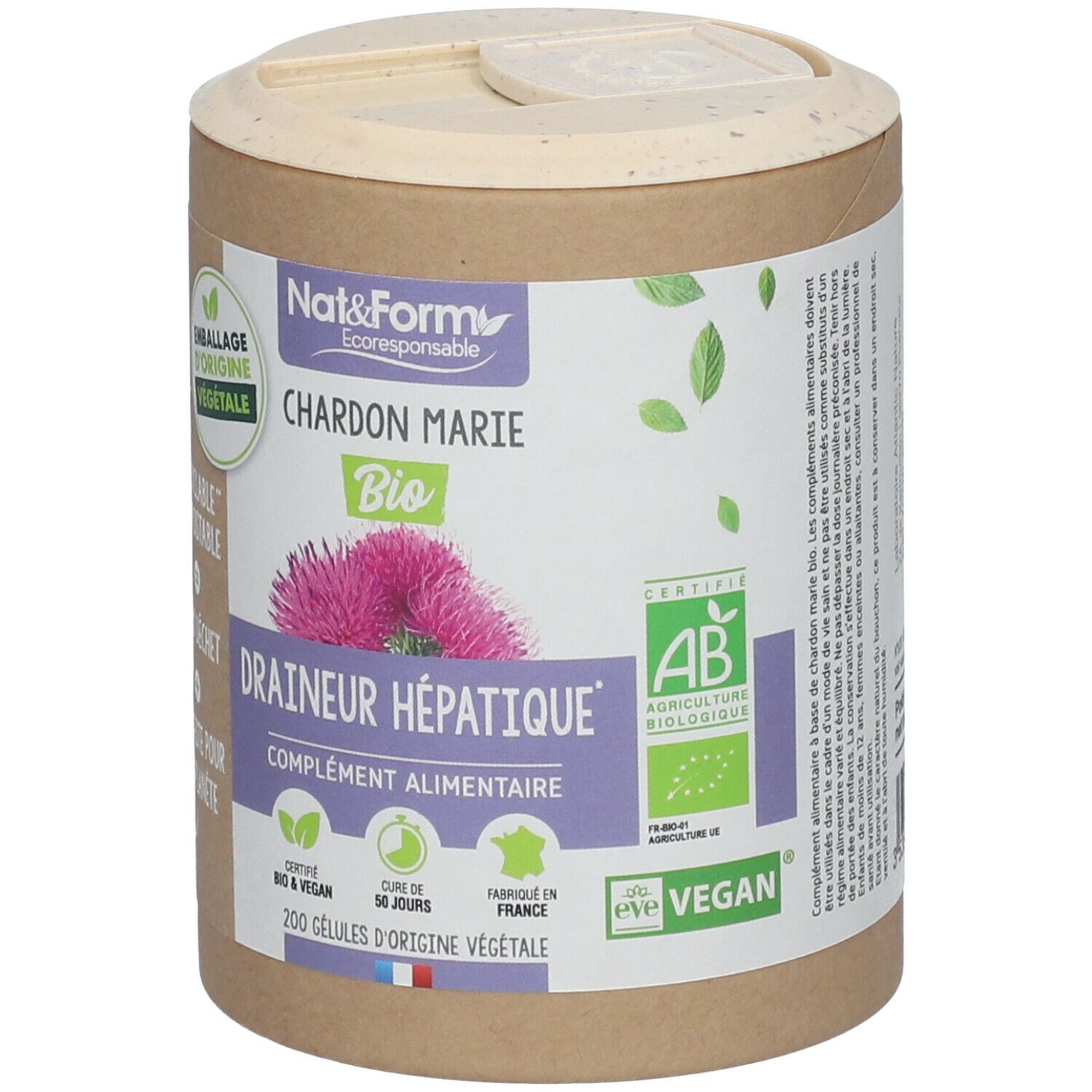 Boîte cylindrique avec couvercle. Inscription: Nat&Form, Chardon Marie Bio, Drainer Hépatique, complément alimentaire. Certifications: AB, Vegan.