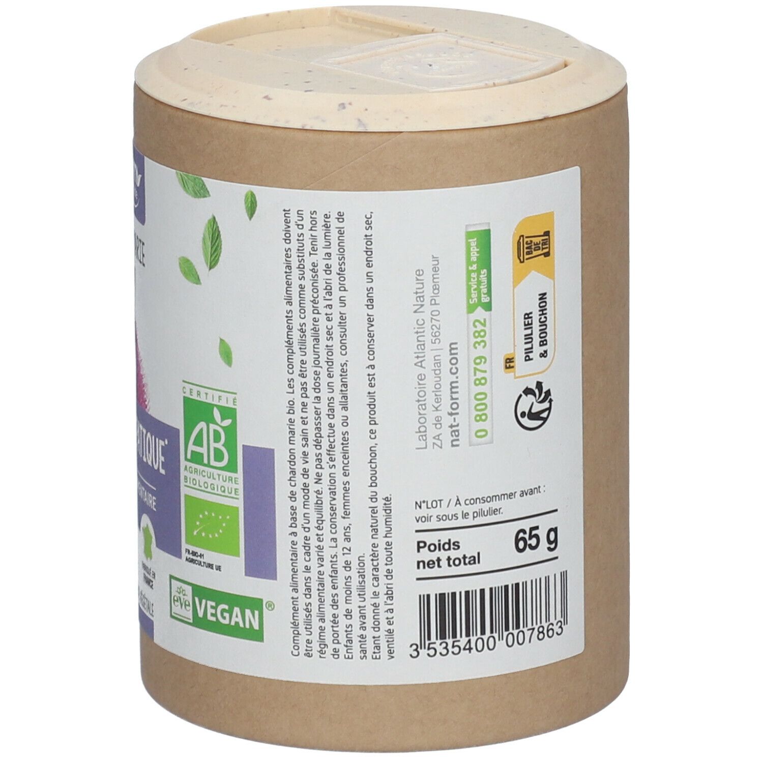 Dos de la boîte. Inscription: 65 g. Texte: 'Pillier & Bouchon'. Code-barres. Adresse du fabricant.