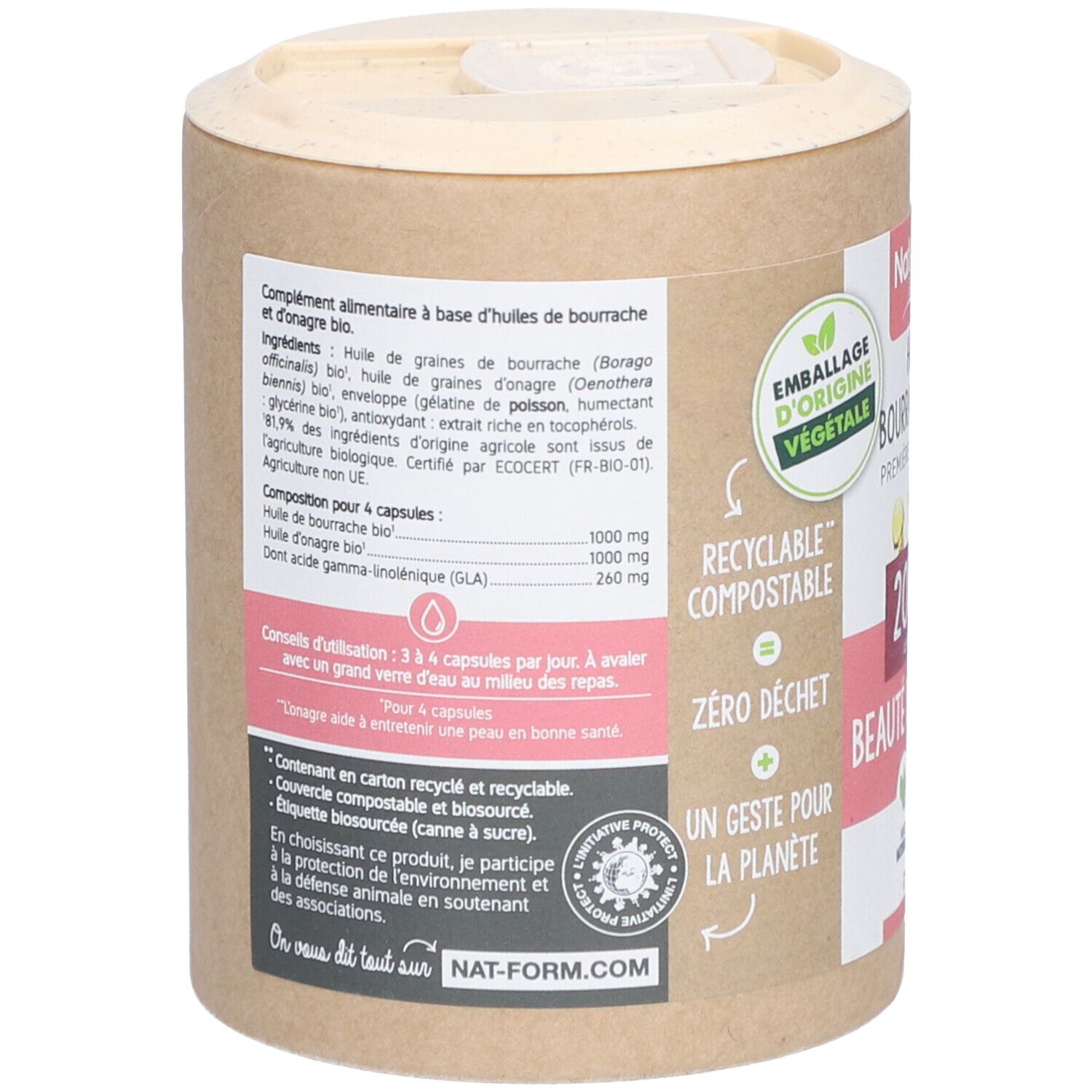 Dos de l'emballage cylindrique. Texte: complément alimentaire, ingrédients, conseils d'utilisation. Logo Ecocert. Recyclable, compostable.