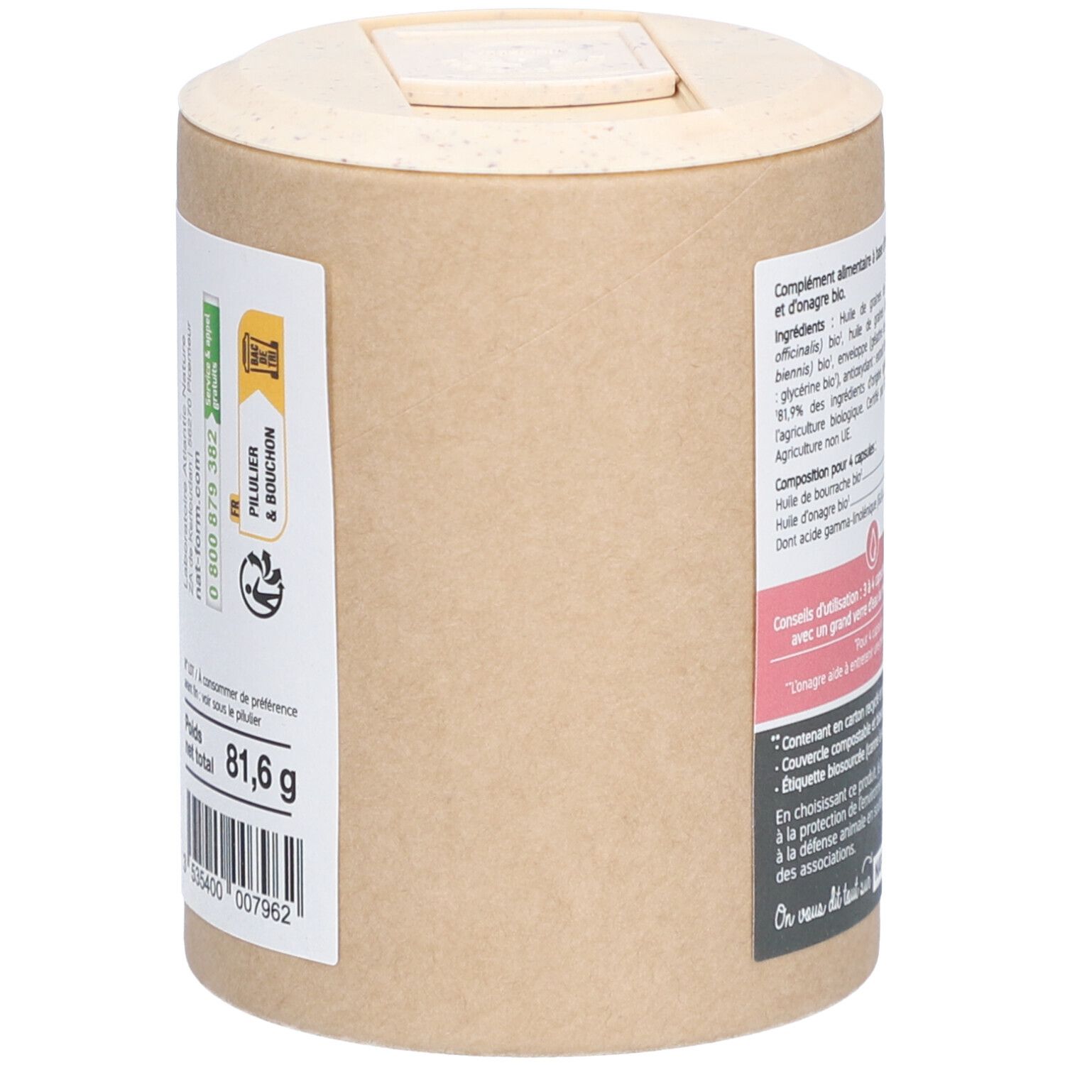 Emballage cylindrique, vue latérale. Code-barres, poids 81,6 g. Texte: Pilulier & Bouchon. Informations de contact.