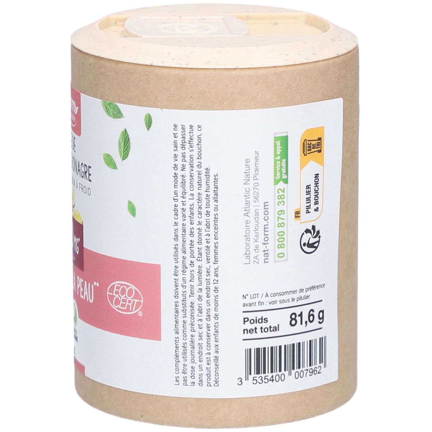 Dos de l'emballage cylindrique. Texte: complément alimentaire, ingrédients, conseils d'utilisation. Logo Ecocert. Poids 81,6 g.