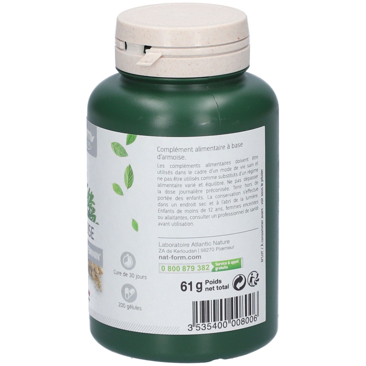 Dos du flacon vert. Texte: Complément alimentaire. 200 gélules. Poids net 61g. Adresse du site web.