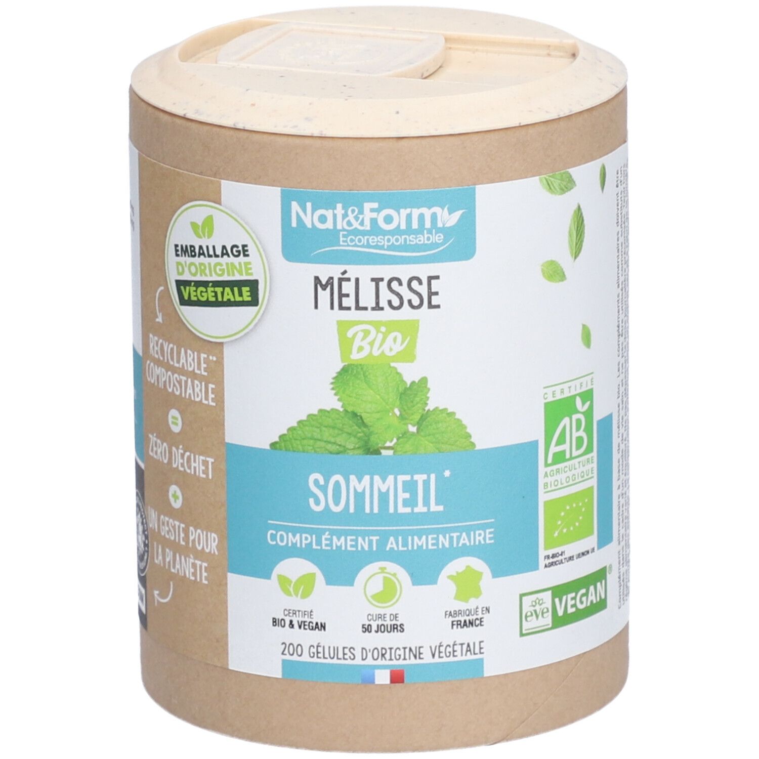 Boîte cylindrique avec couvercle. Inscription: Mélisse Bio, Sommeil, Complément Alimentaire. Certifications: AB, Vegan.