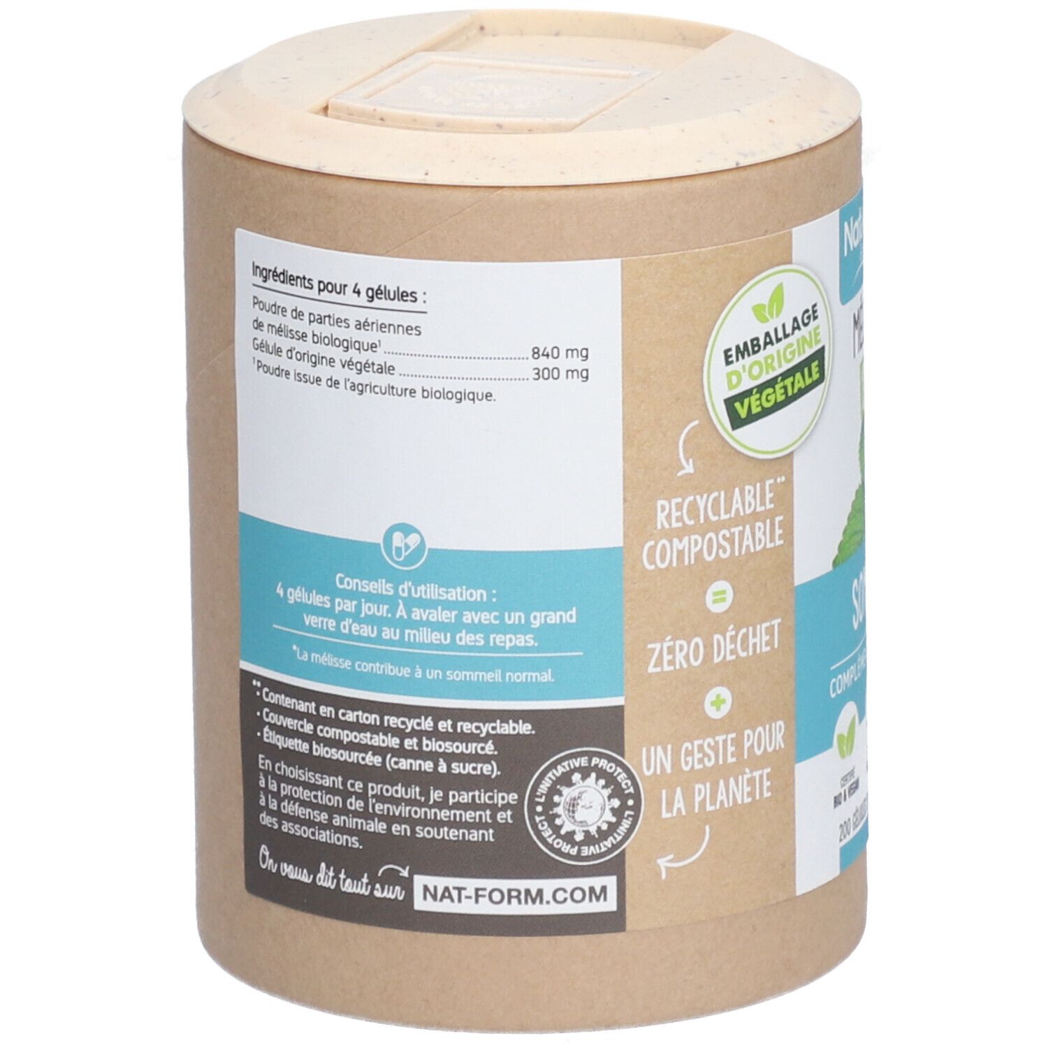 Boîte cylindrique, dos avec informations sur les ingrédients et mode d'emploi. Texte: Mélisse Bio. Certification: AB.
