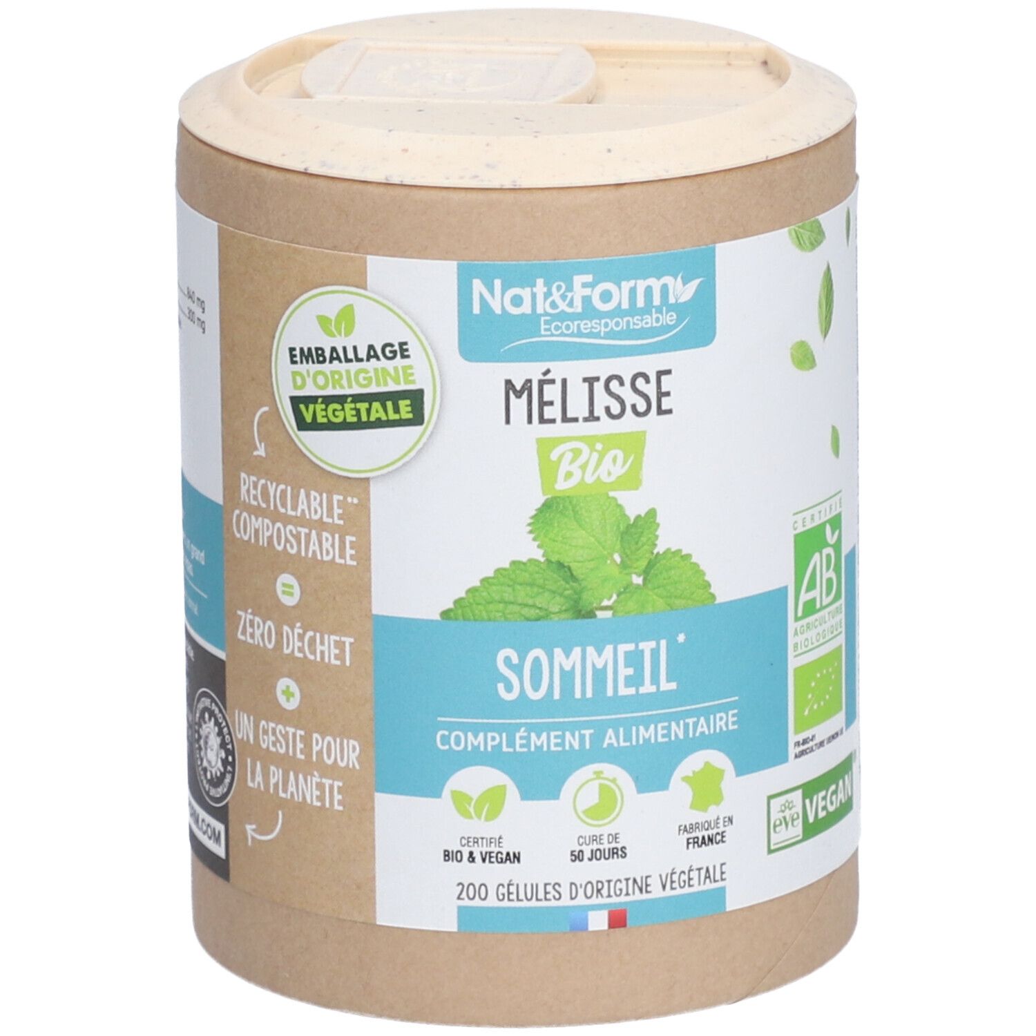 Boîte cylindrique avec couvercle. Inscription: Mélisse Bio, Sommeil, Complément Alimentaire. Certifications: AB, Vegan.