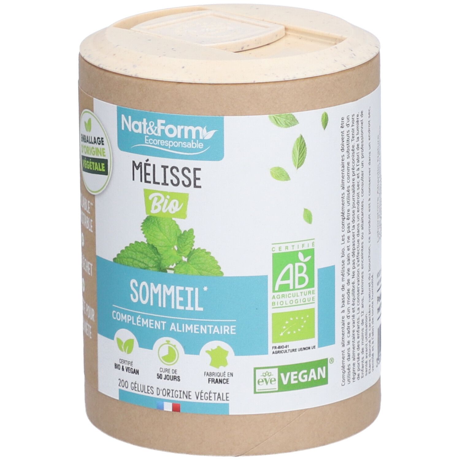 Boîte cylindrique avec couvercle. Inscription: Mélisse Bio, Sommeil, Complément Alimentaire. Certifications: AB, Vegan.
