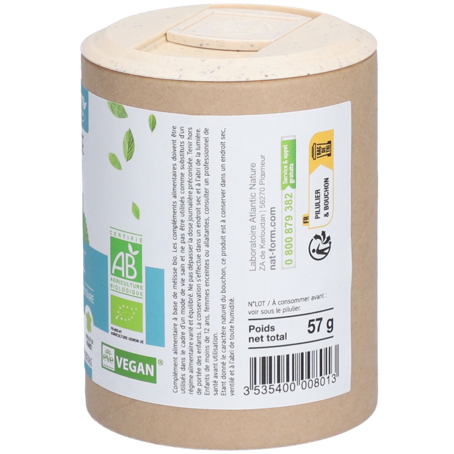 Boîte cylindrique, vue latérale. Poids: 57 g. Texte: Mélisse Bio. Certifications: AB, Vegan.