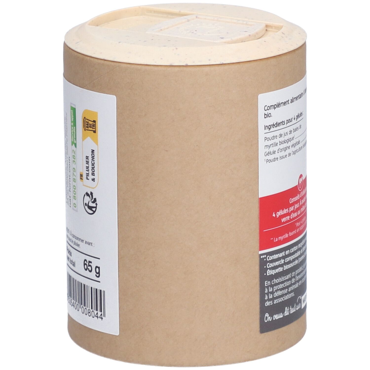 Dose aus braunem Karton mit Deckel. Aufschrift: 65 g. Barcode. Informationen über die Zusammensetzung und die Verwendung.