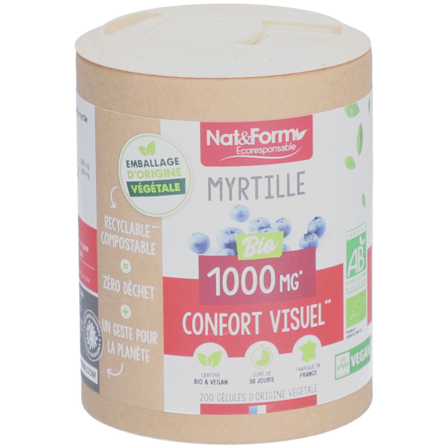 Zylindrische Dose mit Deckel. Aufschrift: MYRTILLE, Bio, 1000 mg, Confort Visuel. Vegan-Zertifizierung. Verpackung aus pflanzlichem Ursprung.
