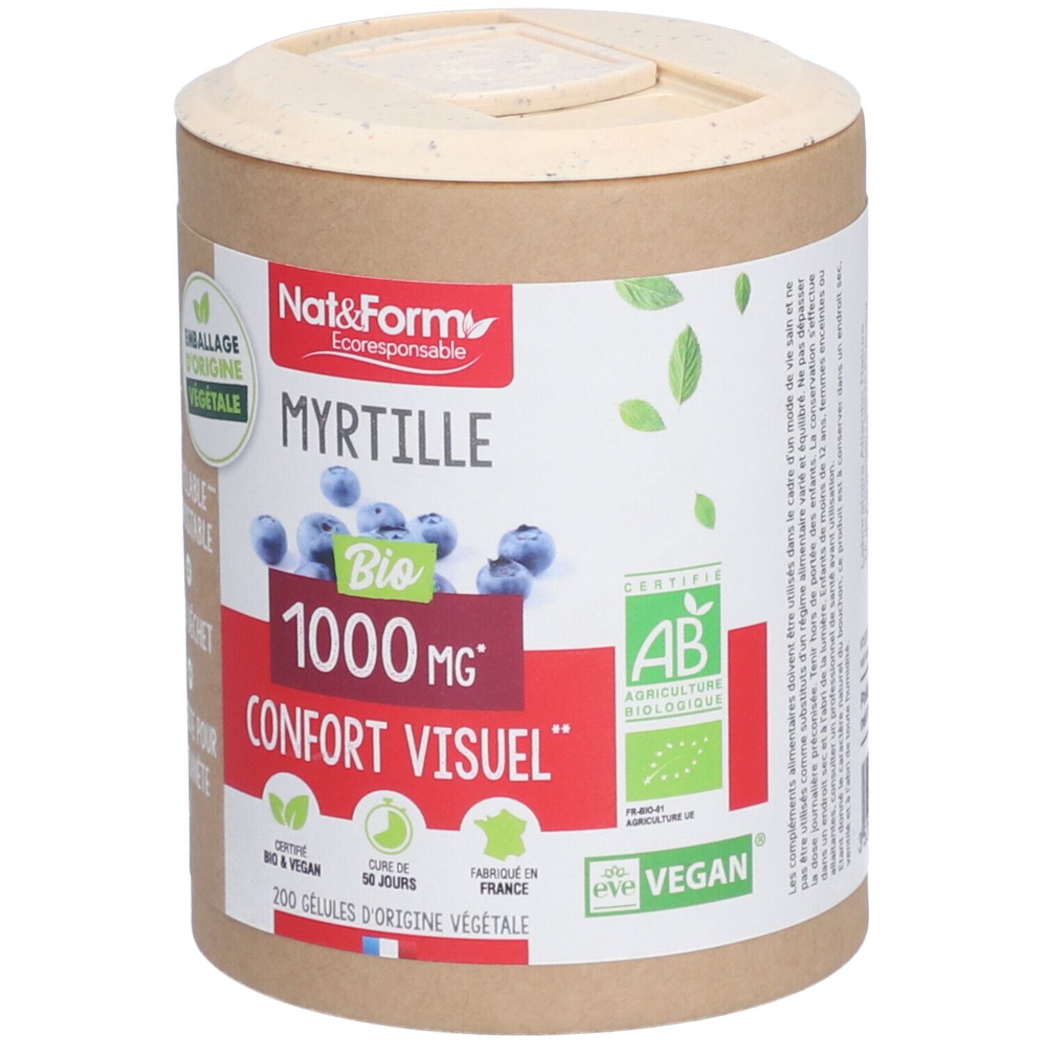 Zylindrische Dose mit Deckel. Aufschrift: MYRTILLE, Bio, 1000 mg, Confort Visuel. Vegan-Zertifizierung. Verpackung aus pflanzlichem Ursprung.