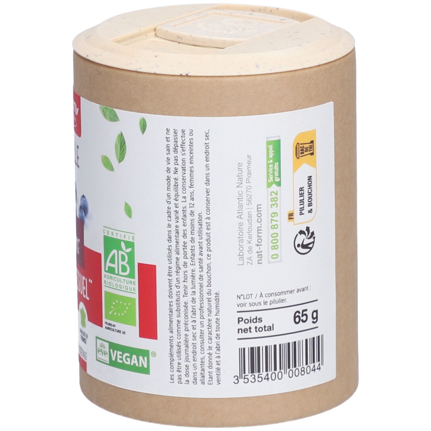 Dose mit Deckel. Aufschrift: MYRTILLE. Text: 65 g. Barcode. Vegan-Zertifizierung. Informationen über die Zusammensetzung und die Verwendung.