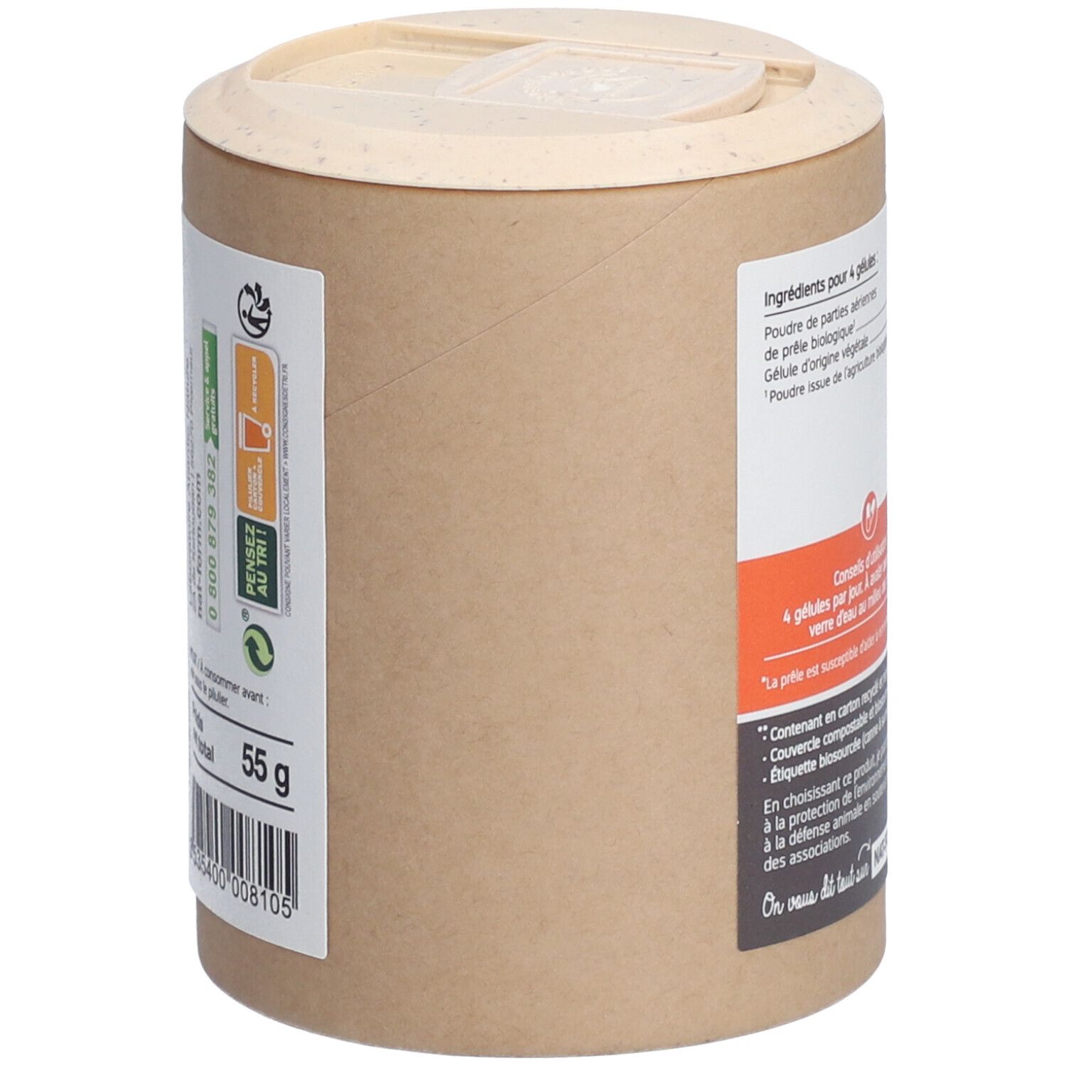 Zylindrische Dose, Seitenansicht. Aufschrift: 55 g. Barcode. Text: Recycelbar, kompostierbar, zéro déchet.