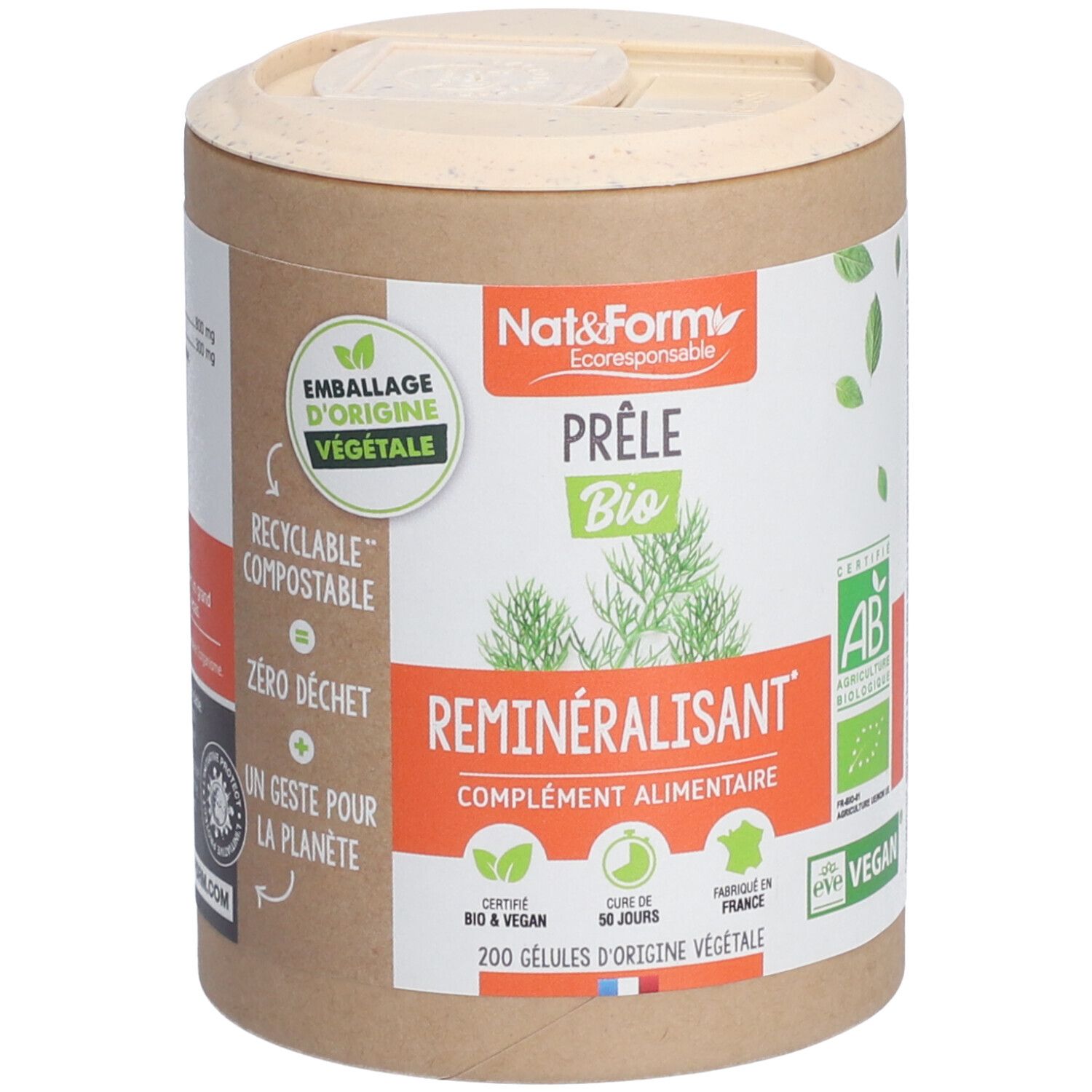Zylindrische Dose mit Etikett. Aufschrift: Prêle Bio, Reminéralisant, complément alimentaire. Zertifizierungen: AB, Vegan.