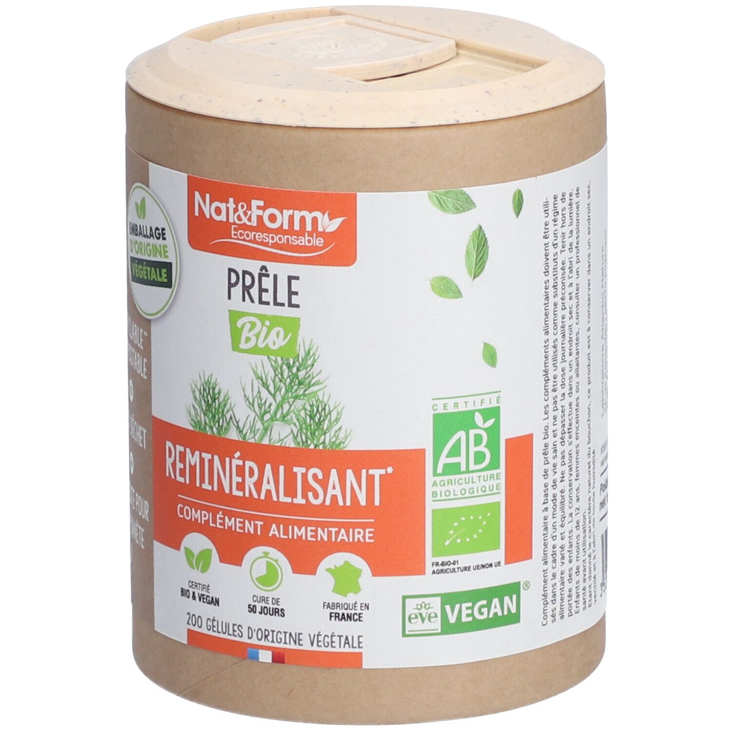 Zylindrische Dose mit Etikett. Aufschrift: Prêle Bio, Reminéralisant, complément alimentaire. Zertifizierungen: AB, Vegan.