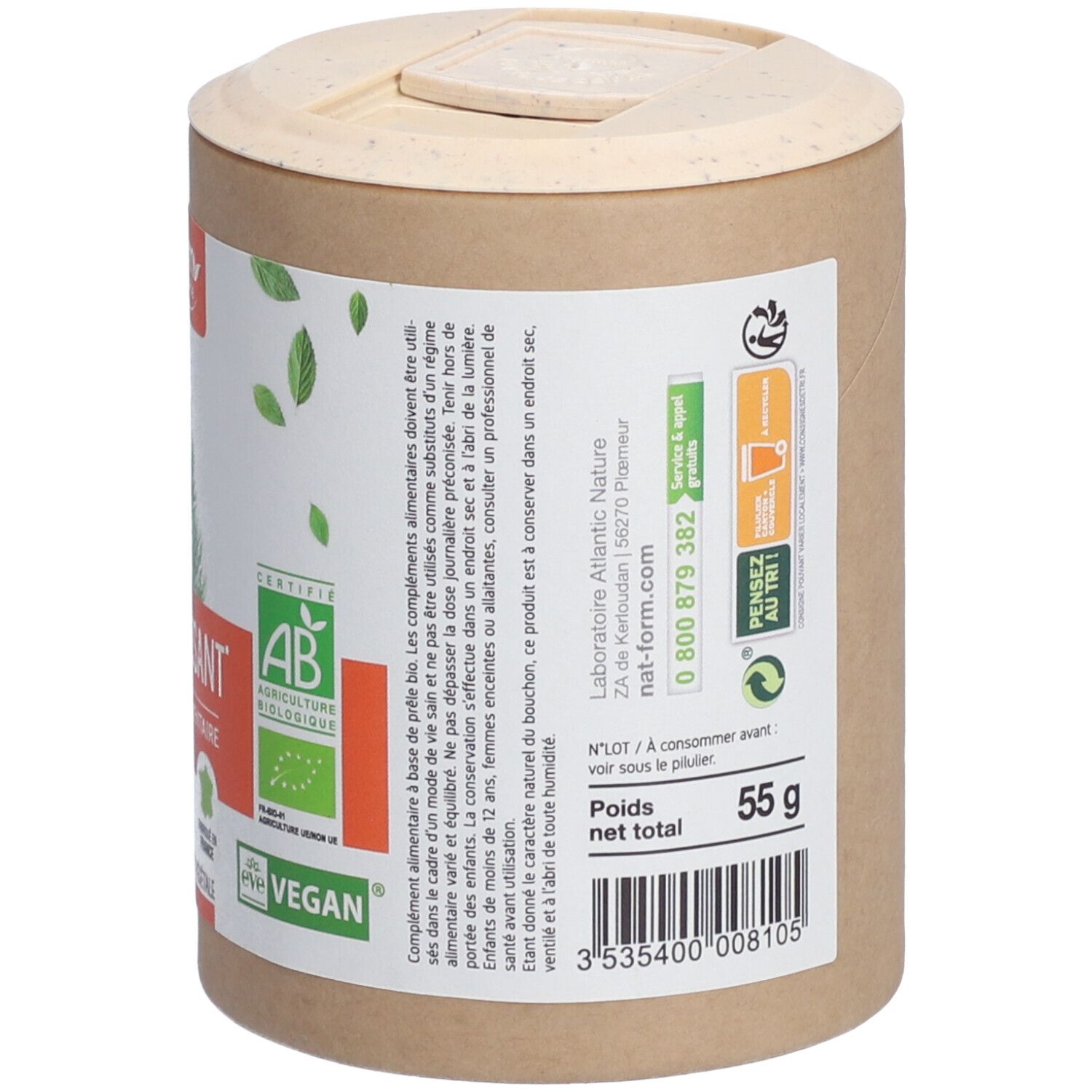 Rückseite der Dose. Zutatenliste, Anwendungshinweise. Aufschrift: 55 g. Zertifizierungen: AB, Vegan.